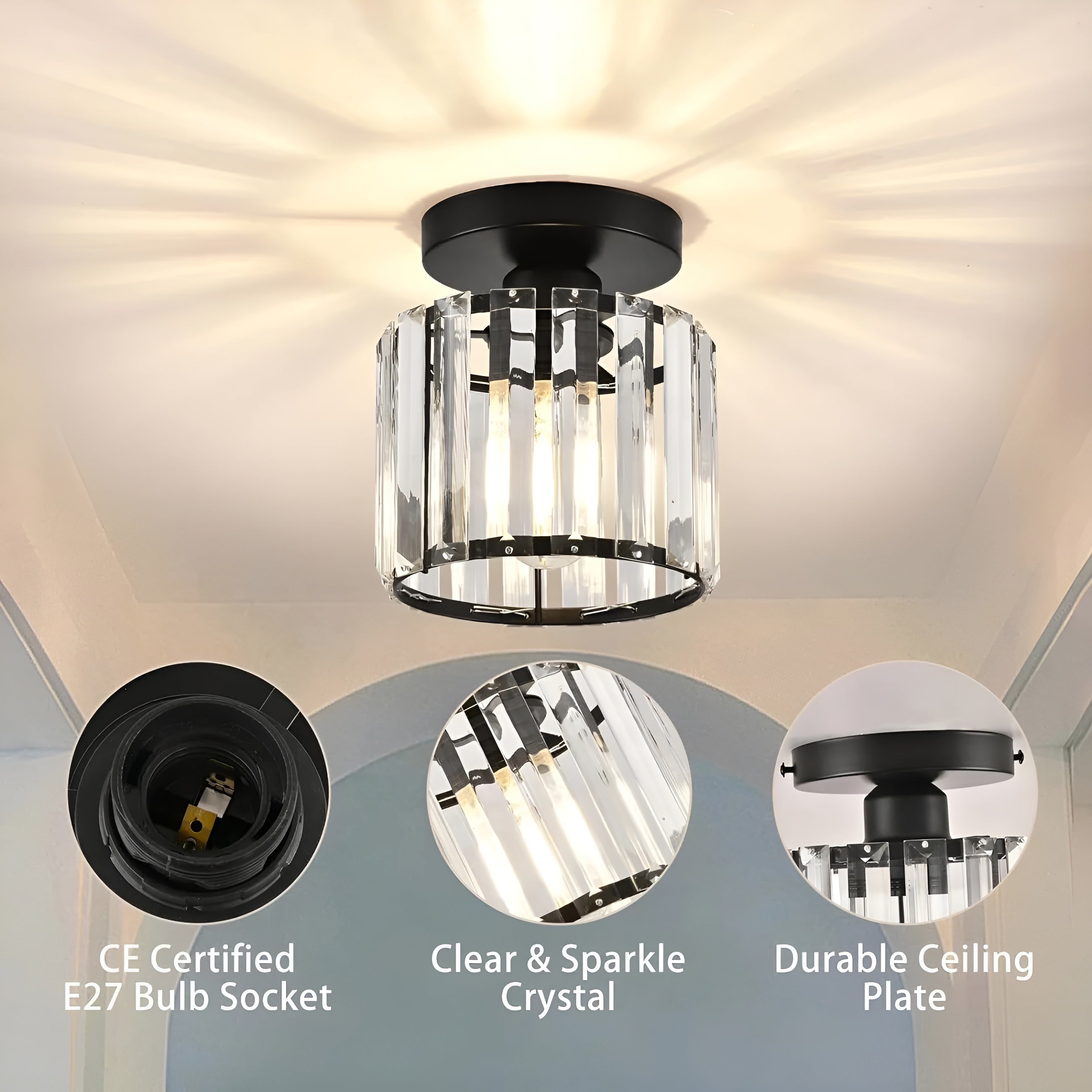 LustraLuxe – Modern Black Crystal Flush Mount Ceiling Light for Hallways