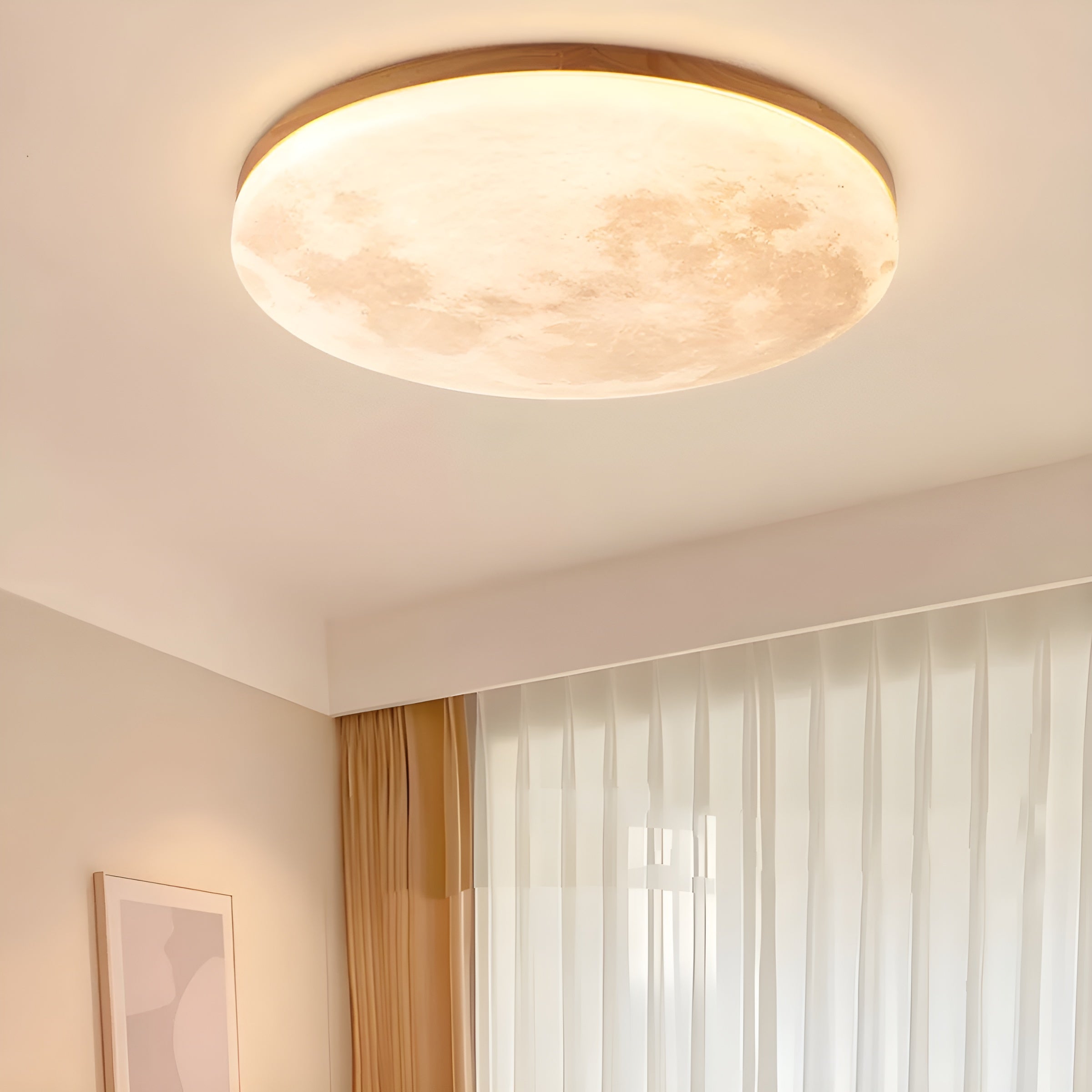 LunaraGlow – Moon LED Ceiling Light Modern Round Flush Mount with Wood Accent for Bedroom or Living Room