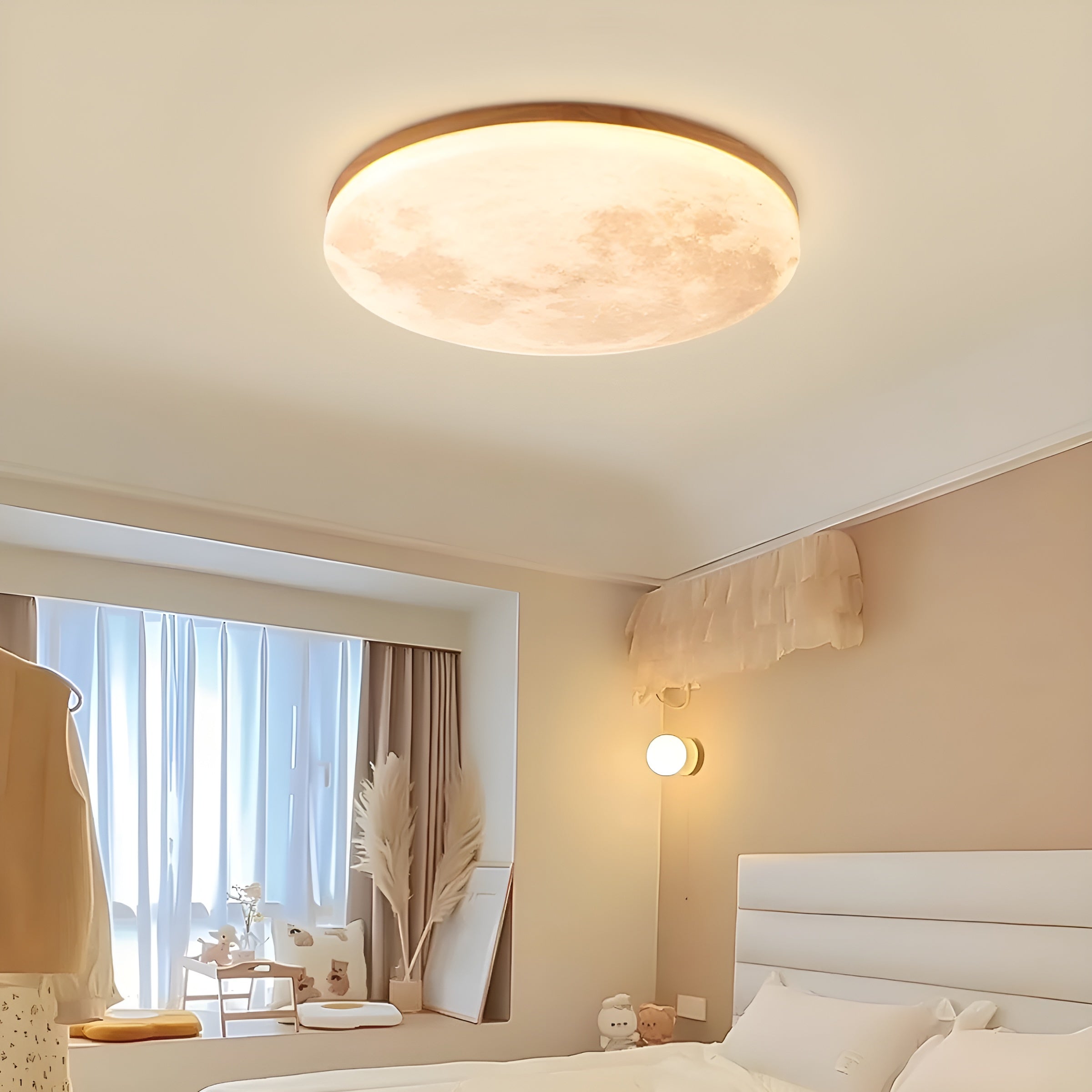 LunaraGlow – Moon LED Ceiling Light Modern Round Flush Mount with Wood Accent for Bedroom or Living Room