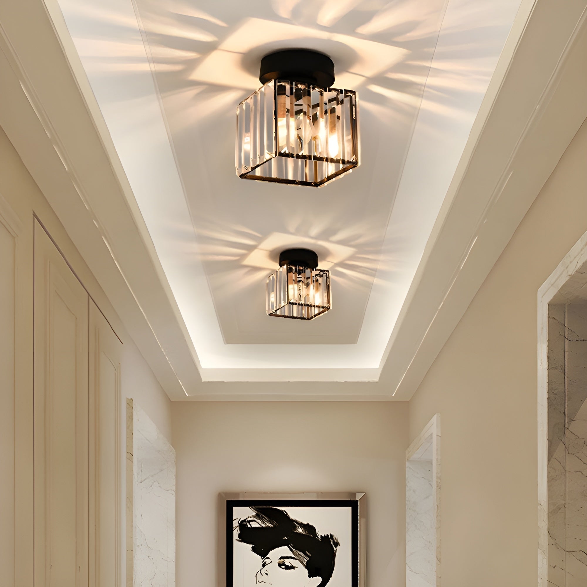 LustraLuxe – Modern Black Crystal Flush Mount Ceiling Light for Hallways