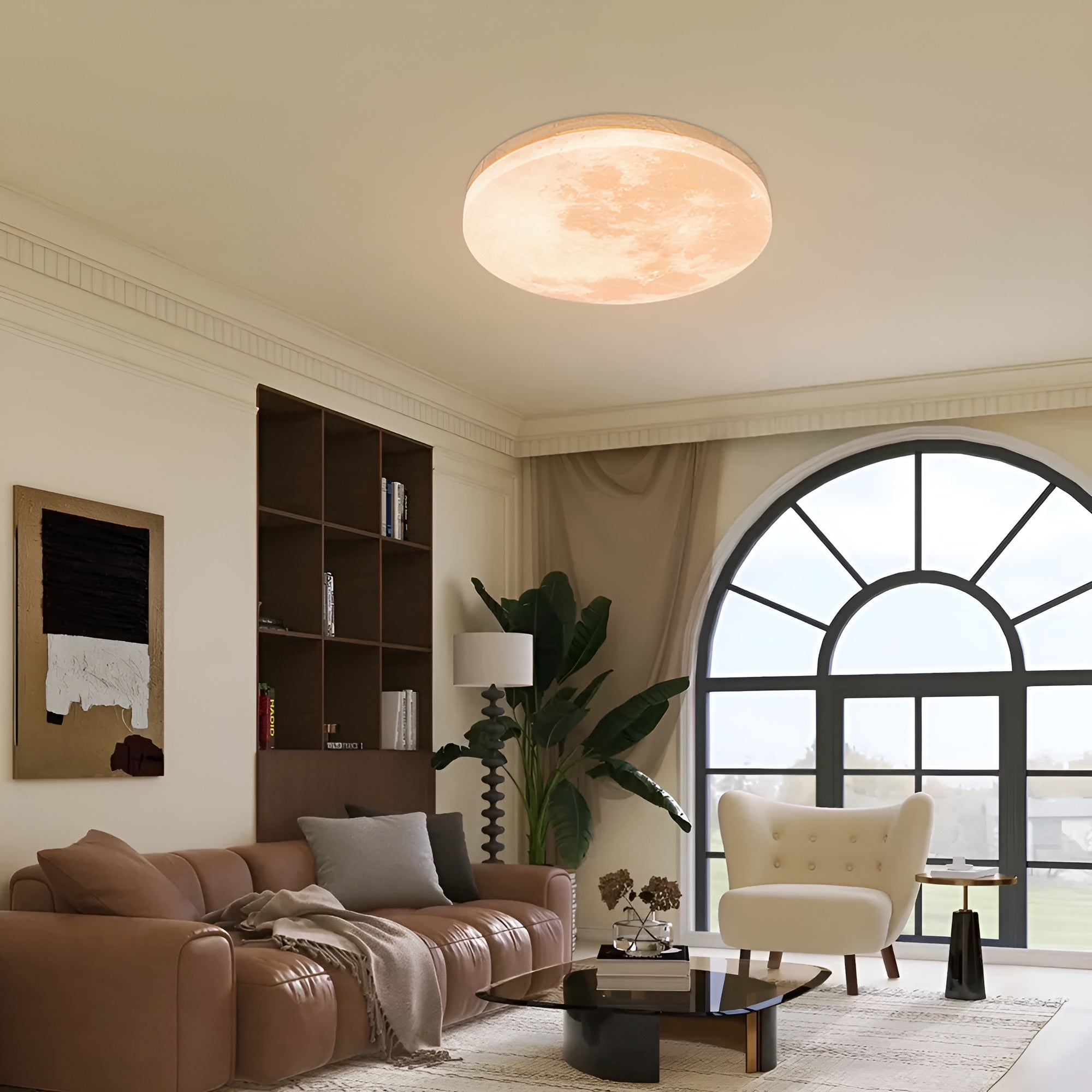 LunaraGlow – Moon LED Ceiling Light Modern Round Flush Mount with Wood Accent for Bedroom or Living Room
