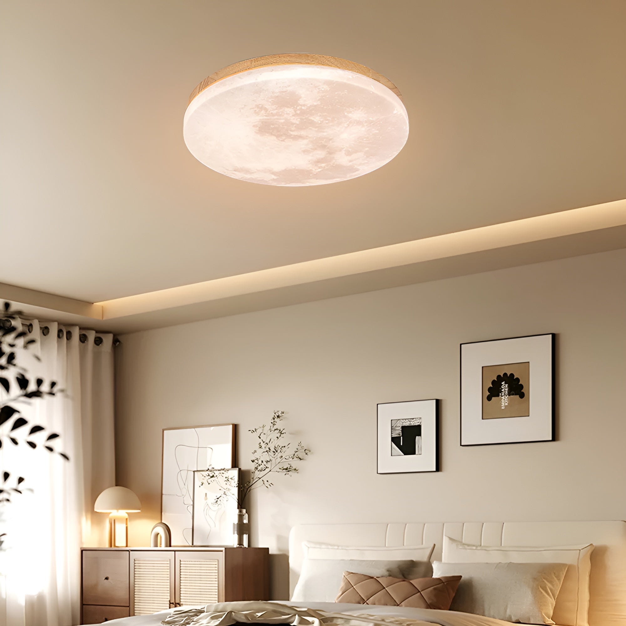 LunaraGlow – Moon LED Ceiling Light Modern Round Flush Mount with Wood Accent for Bedroom or Living Room