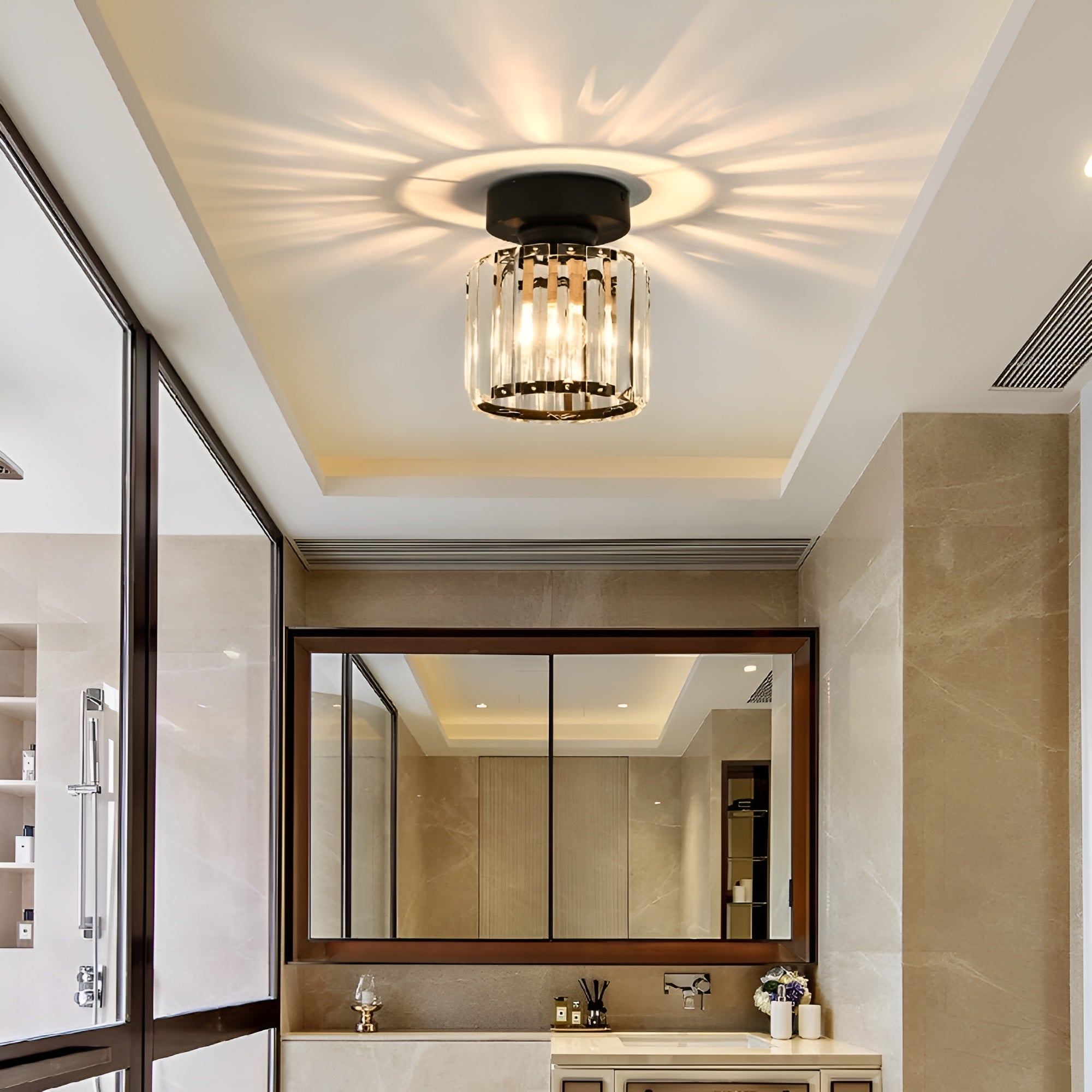 LustraLuxe – Modern Black Crystal Flush Mount Ceiling Light for Hallways