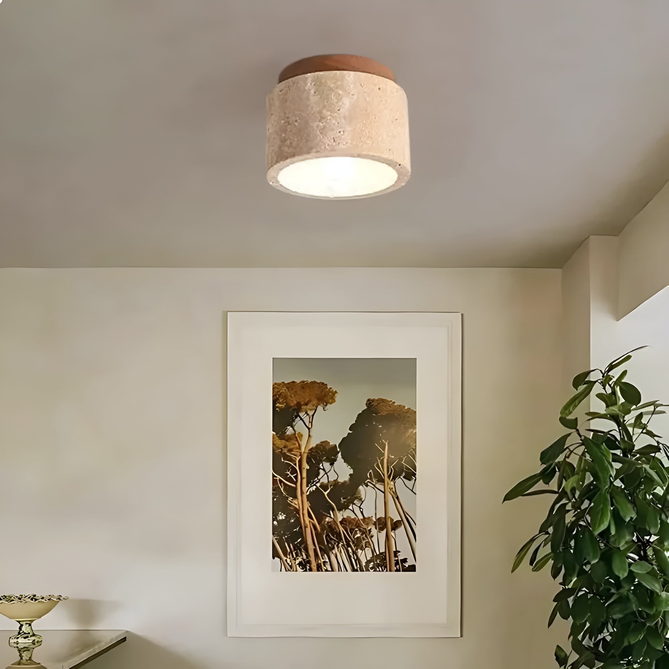 Zenolite – Travertine Ceiling Lamp with Wood Accent Warm LED Light for Bedroom or Hallway