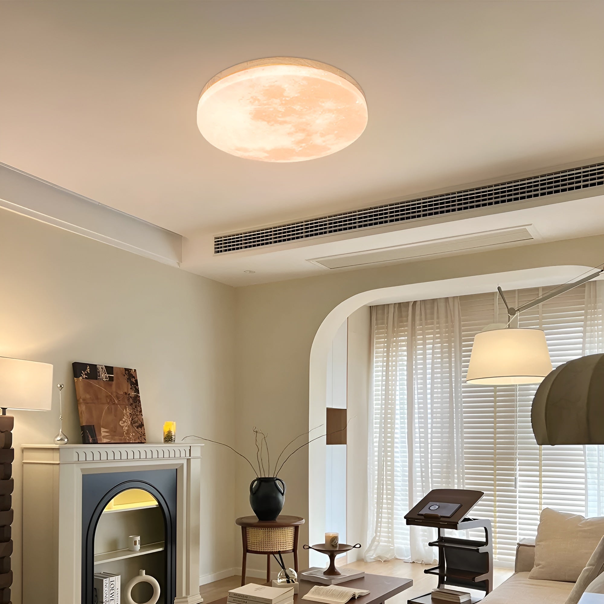 LunaraGlow – Moon LED Ceiling Light Modern Round Flush Mount with Wood Accent for Bedroom or Living Room