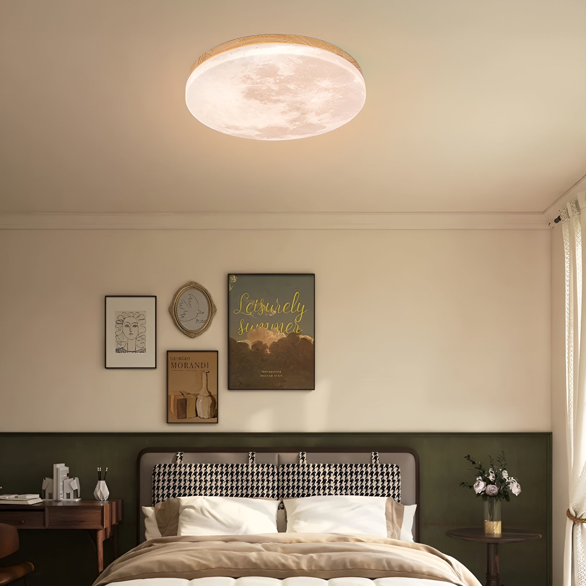 LunaraGlow – Moon LED Ceiling Light Modern Round Flush Mount with Wood Accent for Bedroom or Living Room