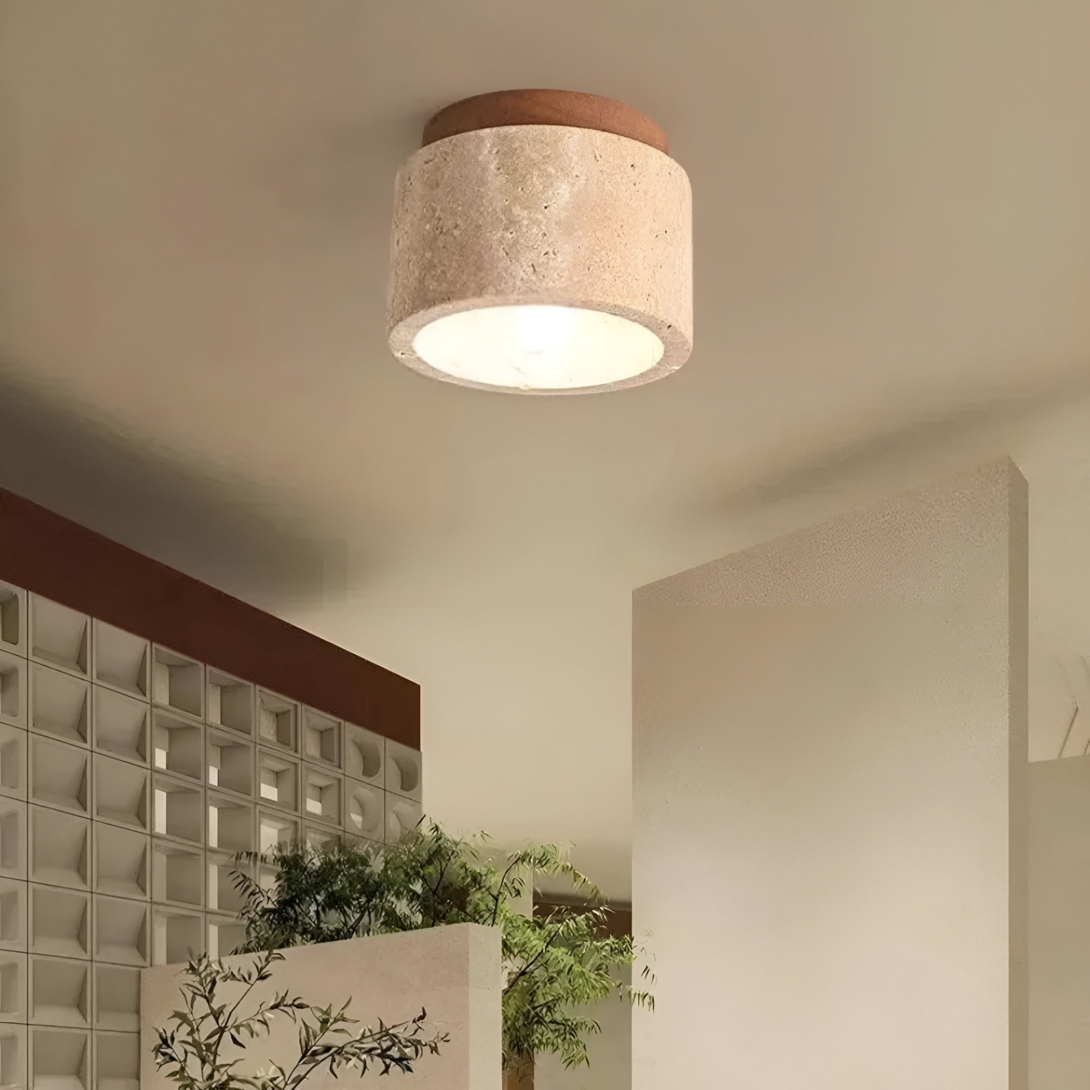 Zenolite – Travertine Ceiling Lamp with Wood Accent Warm LED Light for Bedroom or Hallway