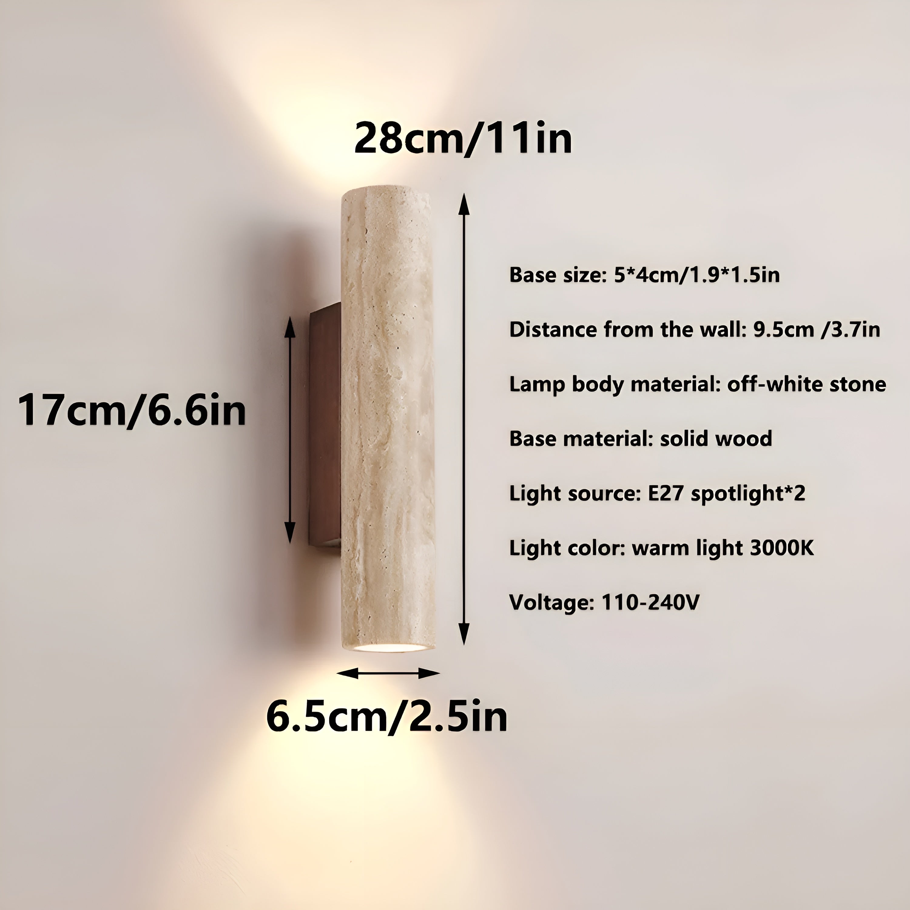 LumiStone – Travertine Wall Lamp with Warm Dual LED Light