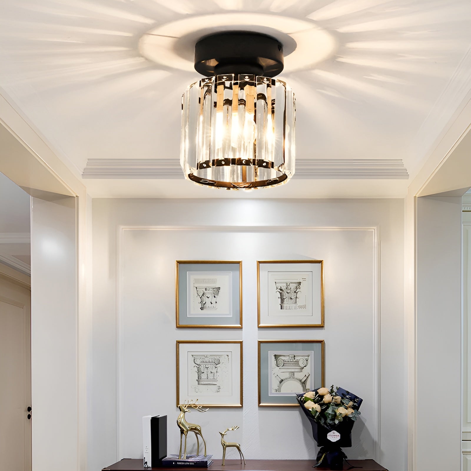 LustraLuxe – Modern Black Crystal Flush Mount Ceiling Light for Hallways