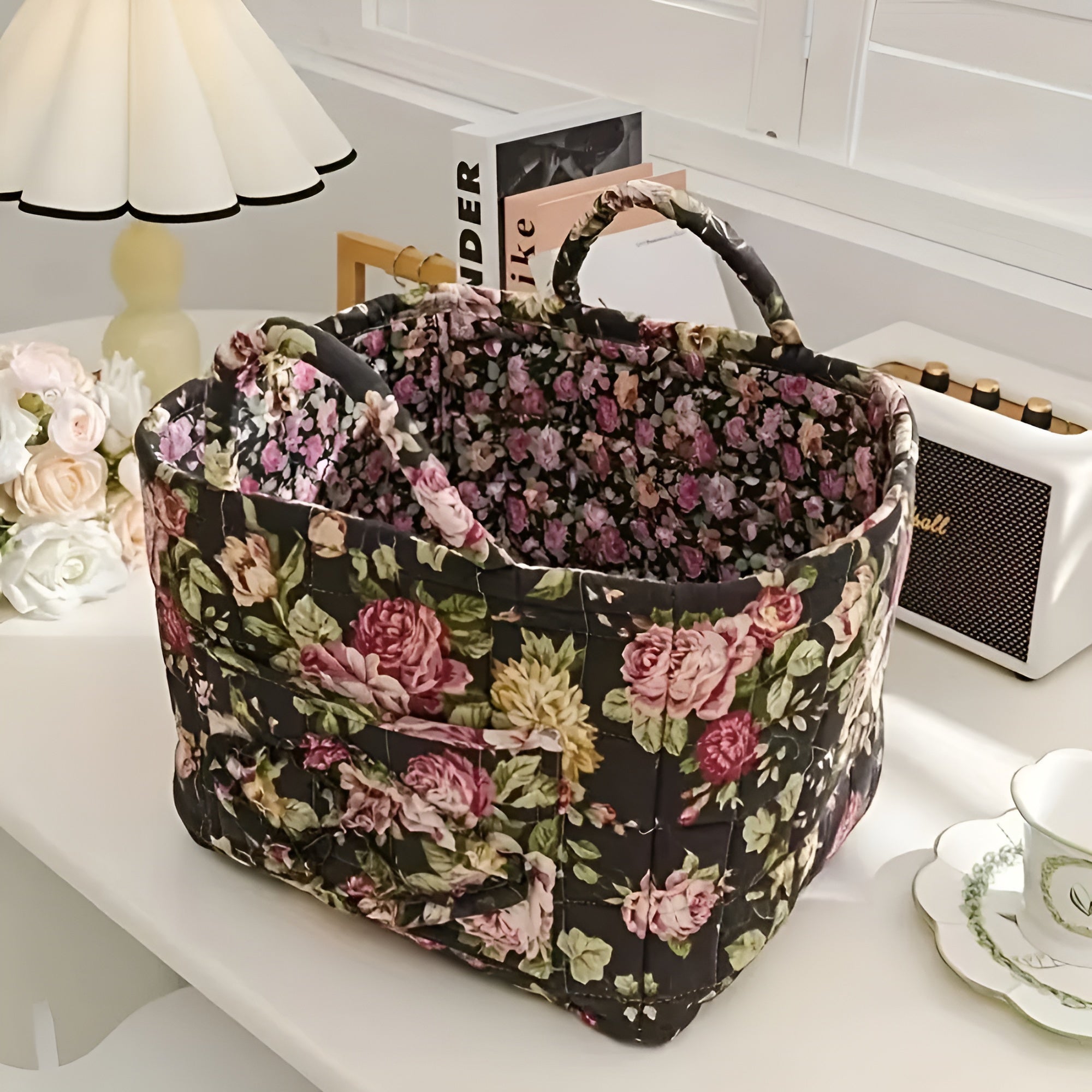 BloomHaven - Floral Canvas Storage Basket Durable and Washable