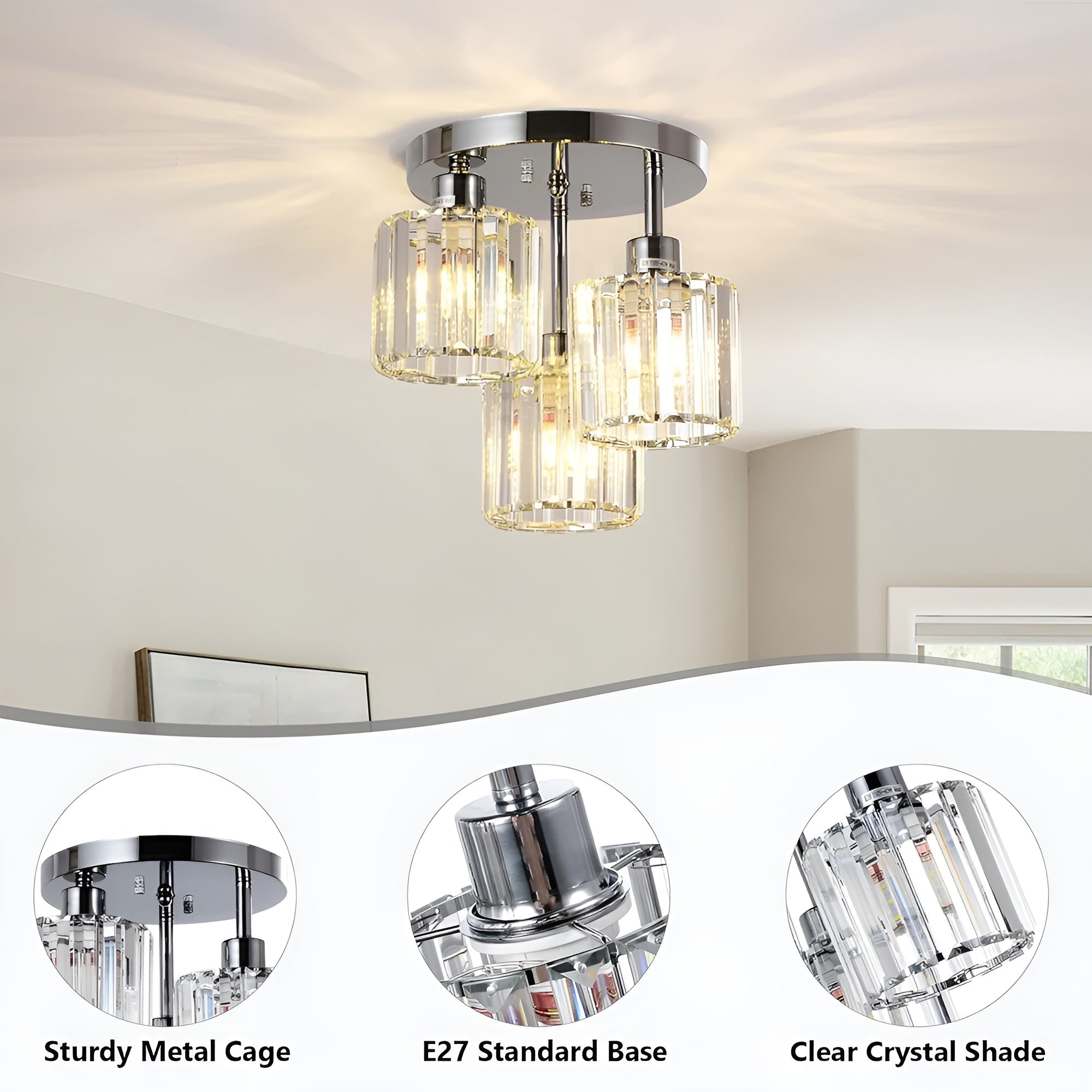 LustraGlow – Crystal Ceiling Light Modern Semi Flush Fixture for Bedroom or Hallway Lighting