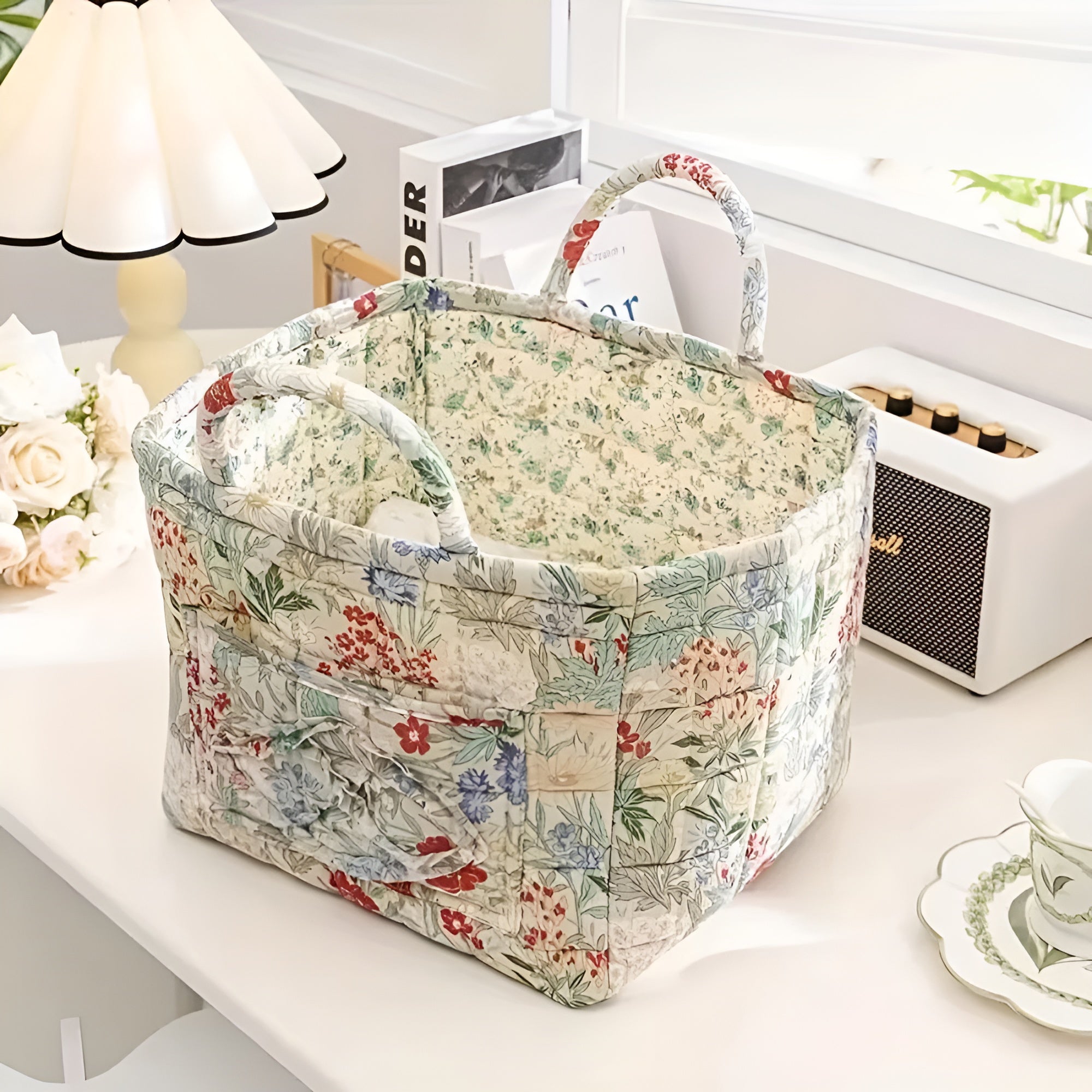 BloomHaven - Floral Canvas Storage Basket Durable and Washable