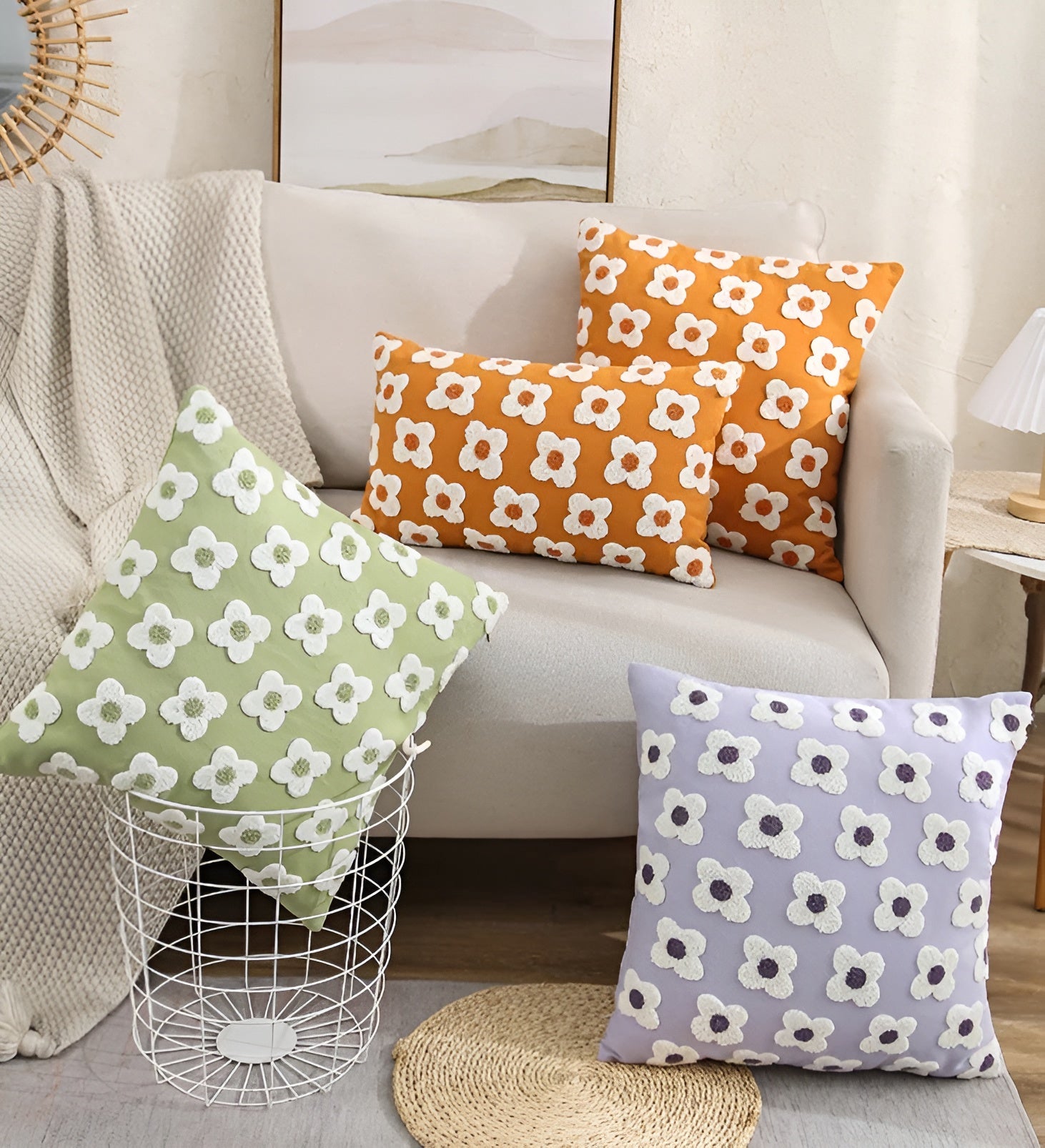 Blossiva – Daisy Embroidered Pillow Cover in Cotton for Cozy Home Styling