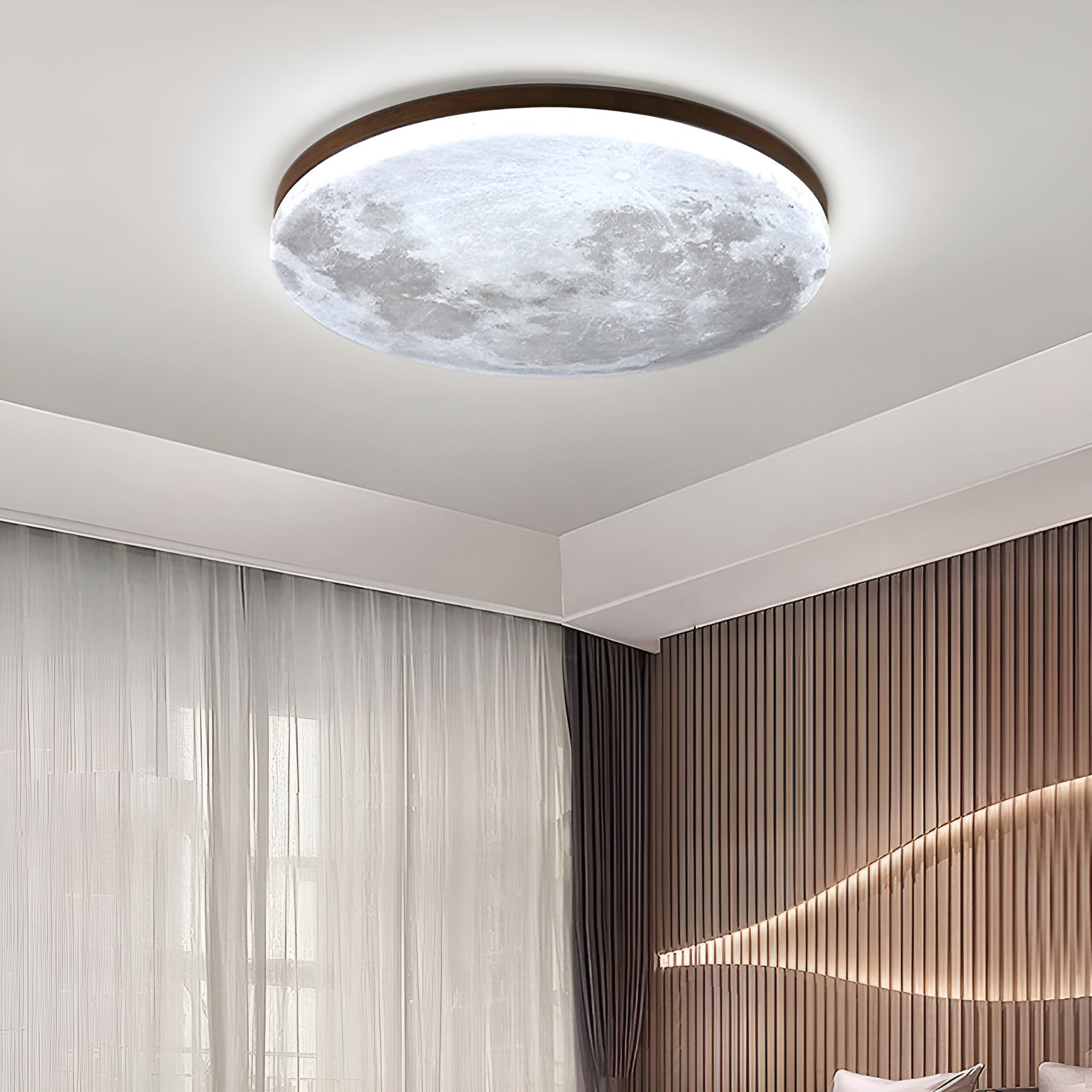 LunaraGlow – Moon LED Ceiling Light Modern Round Flush Mount with Wood Accent for Bedroom or Living Room