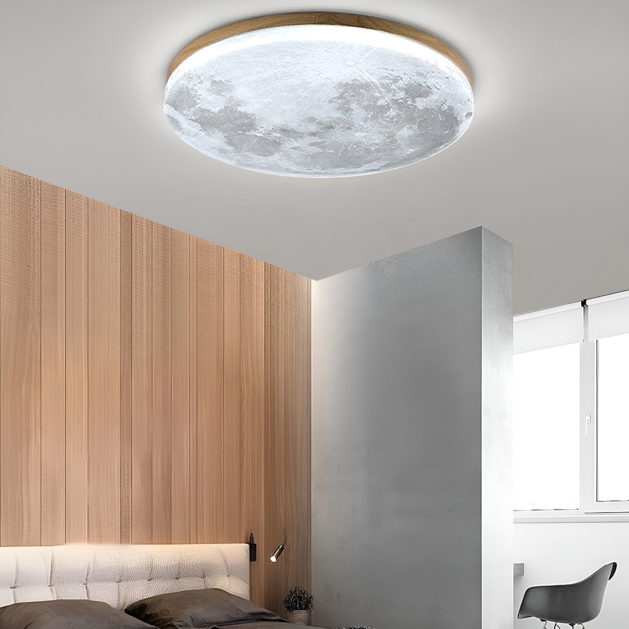 LunaraGlow – Moon LED Ceiling Light Modern Round Flush Mount with Wood Accent for Bedroom or Living Room