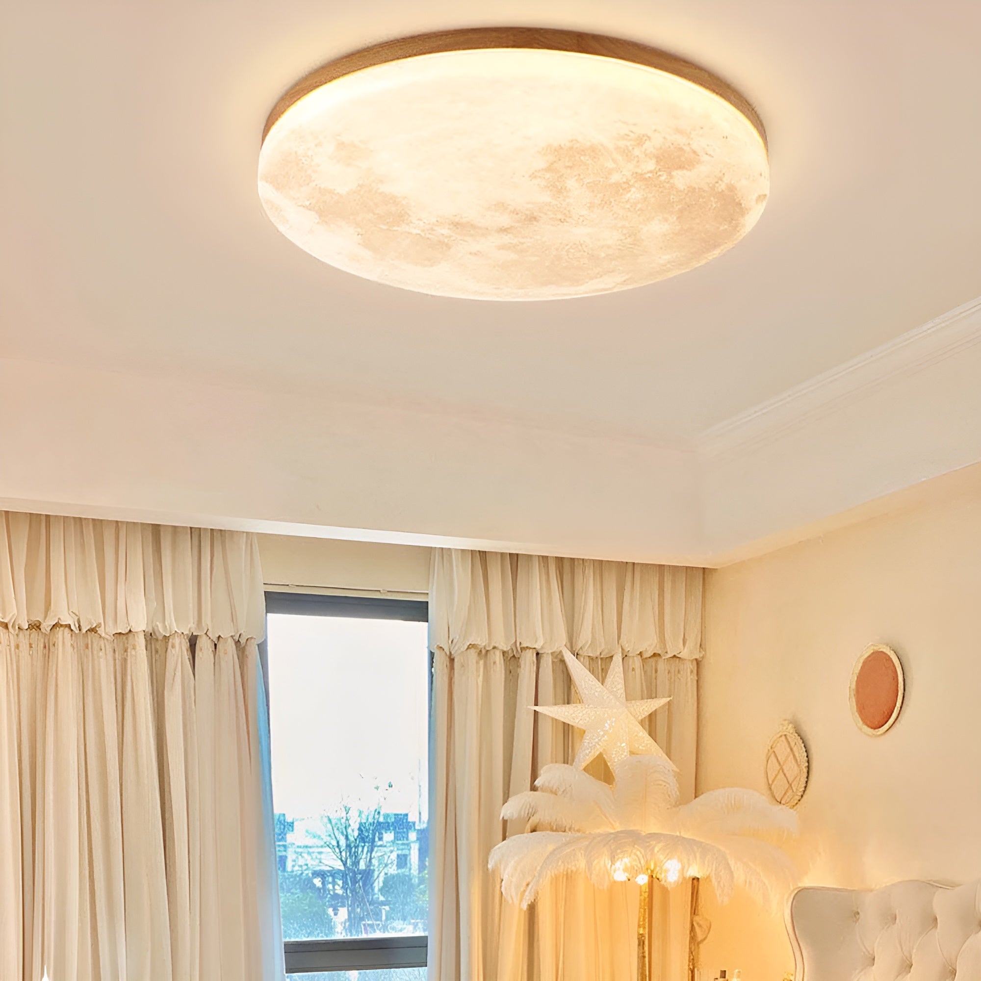 LunaraGlow – Moon LED Ceiling Light Modern Round Flush Mount with Wood Accent for Bedroom or Living Room