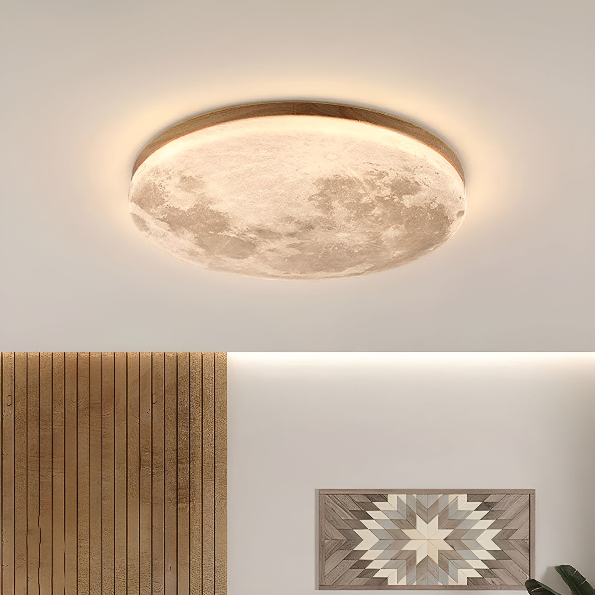 LunaraGlow – Moon LED Ceiling Light Modern Round Flush Mount with Wood Accent for Bedroom or Living Room