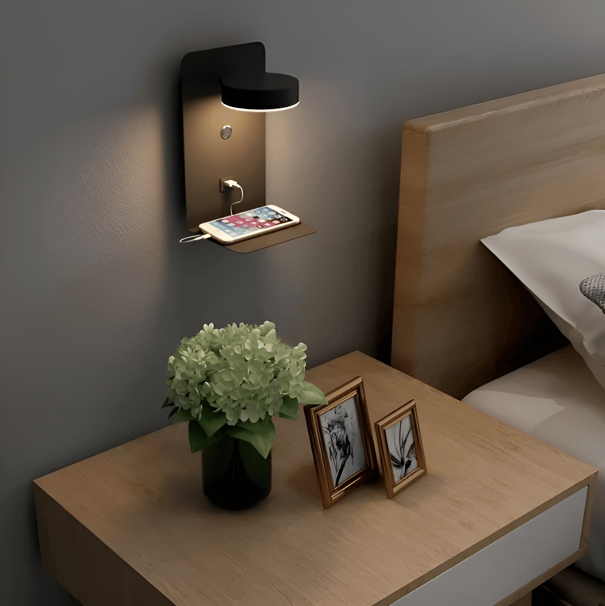 Lunavelle – Aluminum Bedside Wall Lamp with USB Charging and Shelf