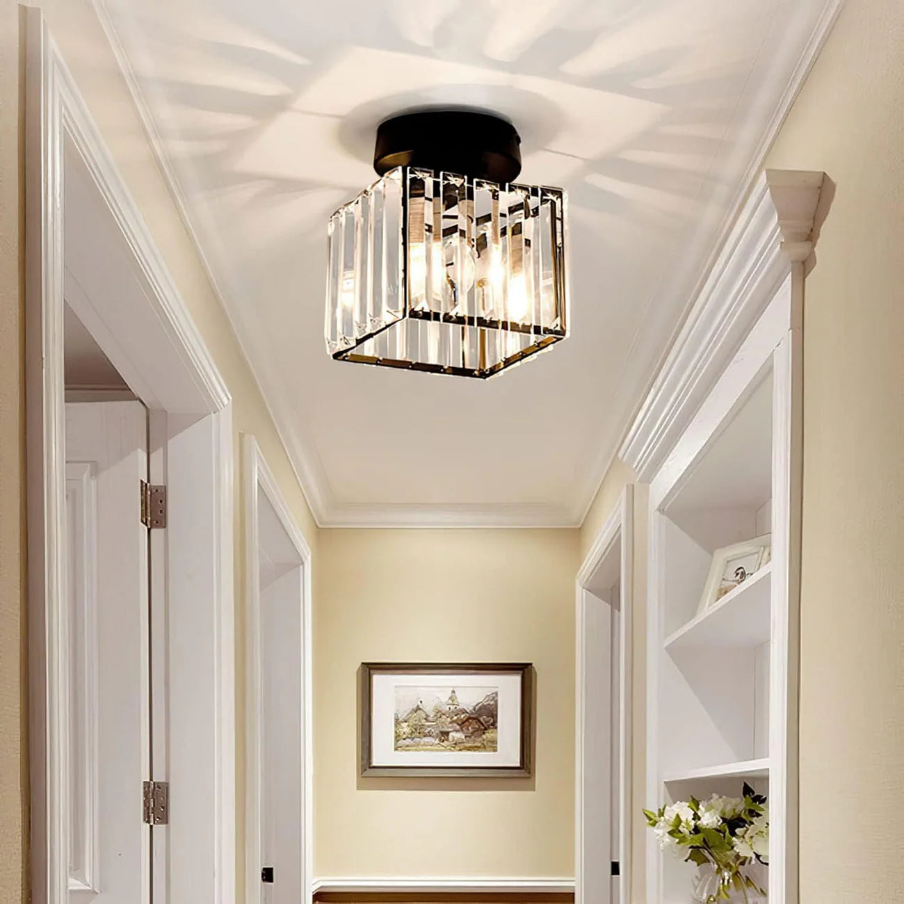 LustraLuxe – Modern Black Crystal Flush Mount Ceiling Light for Hallways
