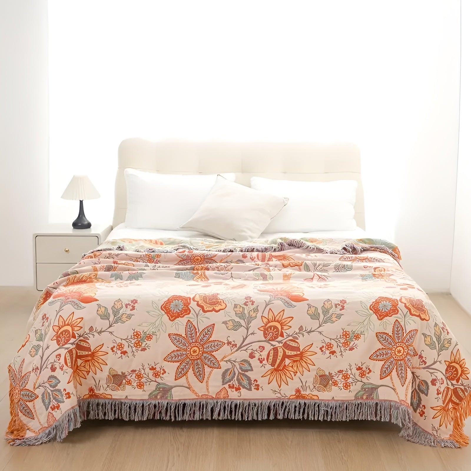 BohoBloom - Cotton Floral Boho Blanket with Fringe Edges