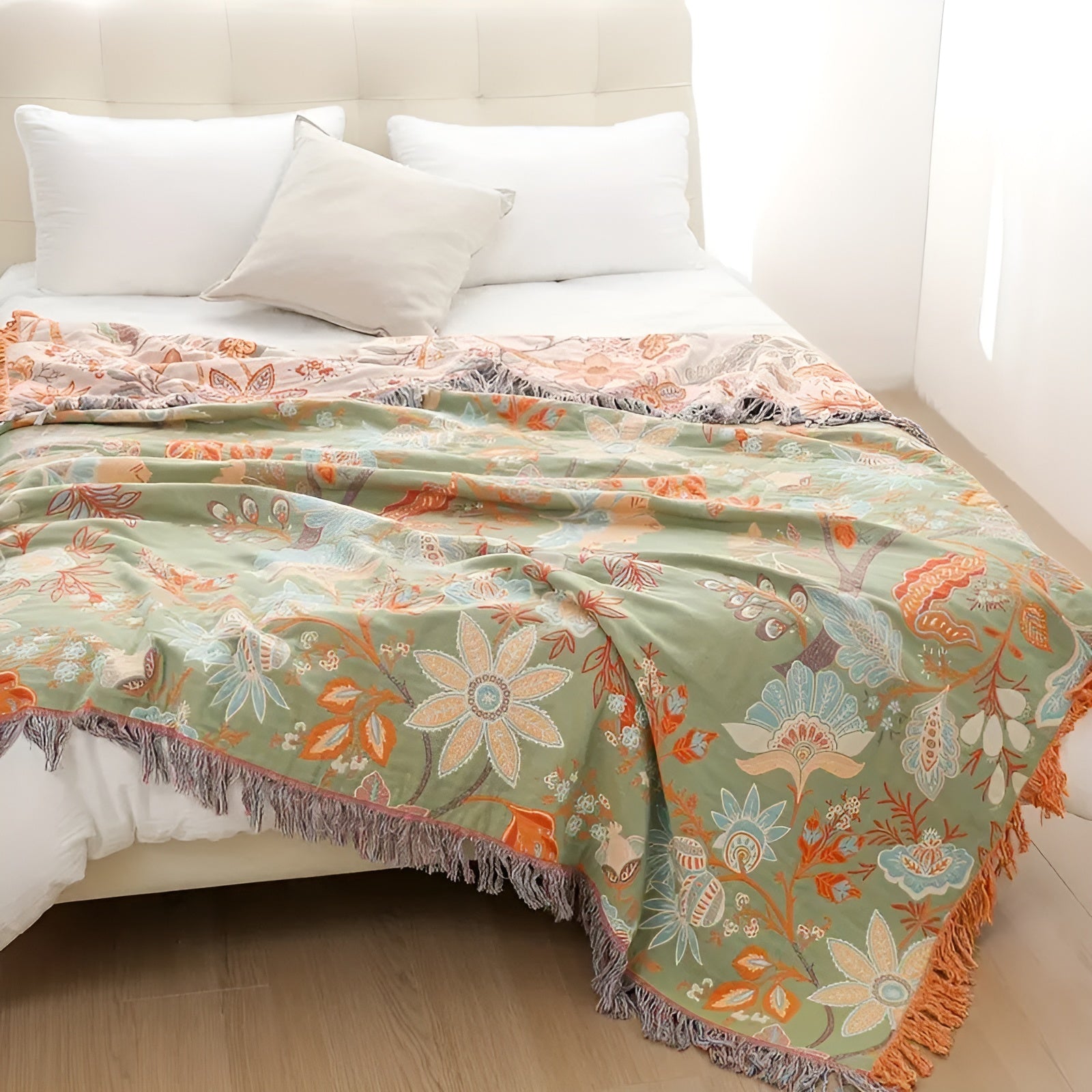 BohoBloom - Cotton Floral Boho Blanket with Fringe Edges