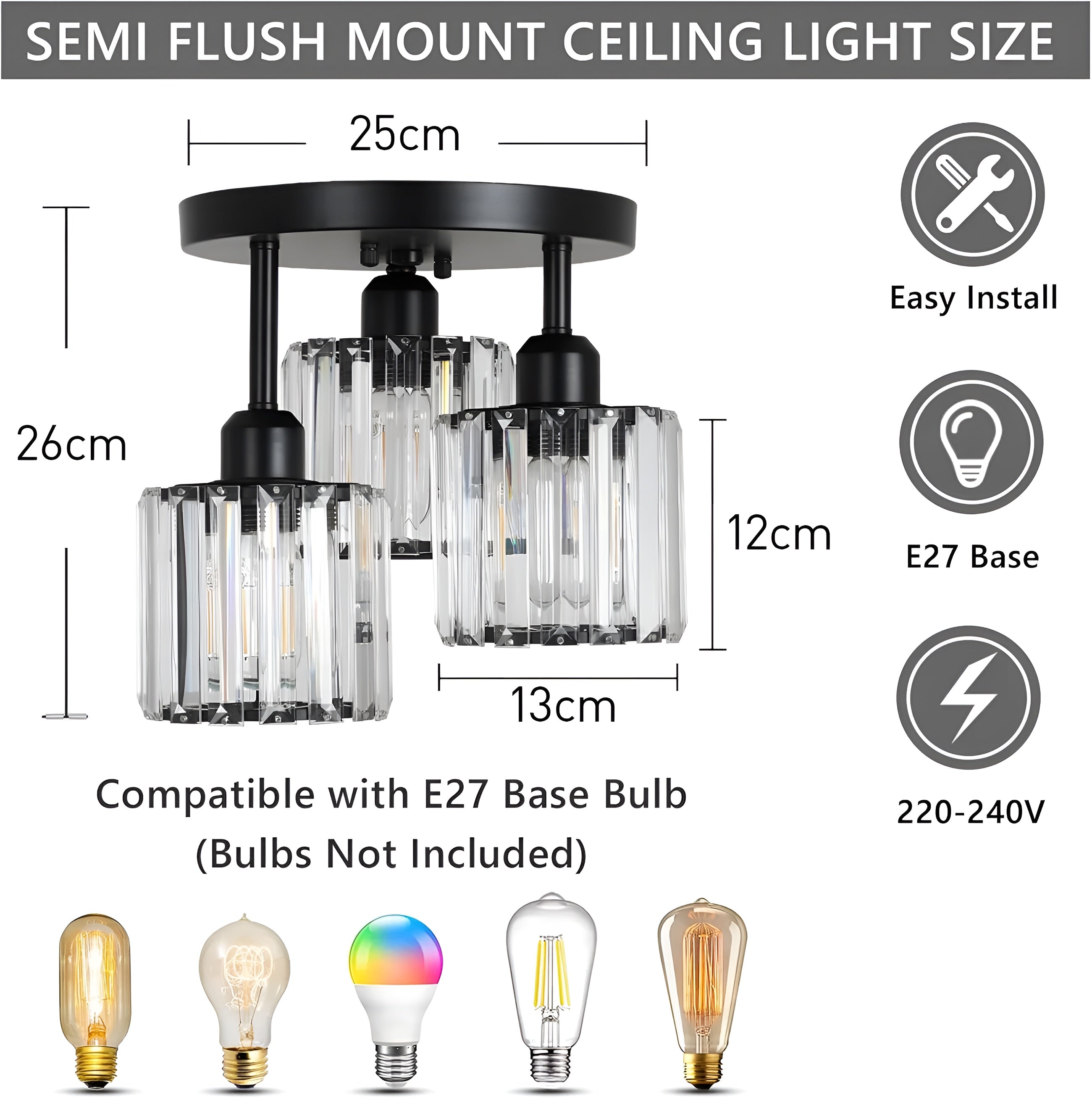 LustraGlow – Crystal Ceiling Light Modern Semi Flush Fixture for Bedroom or Hallway Lighting