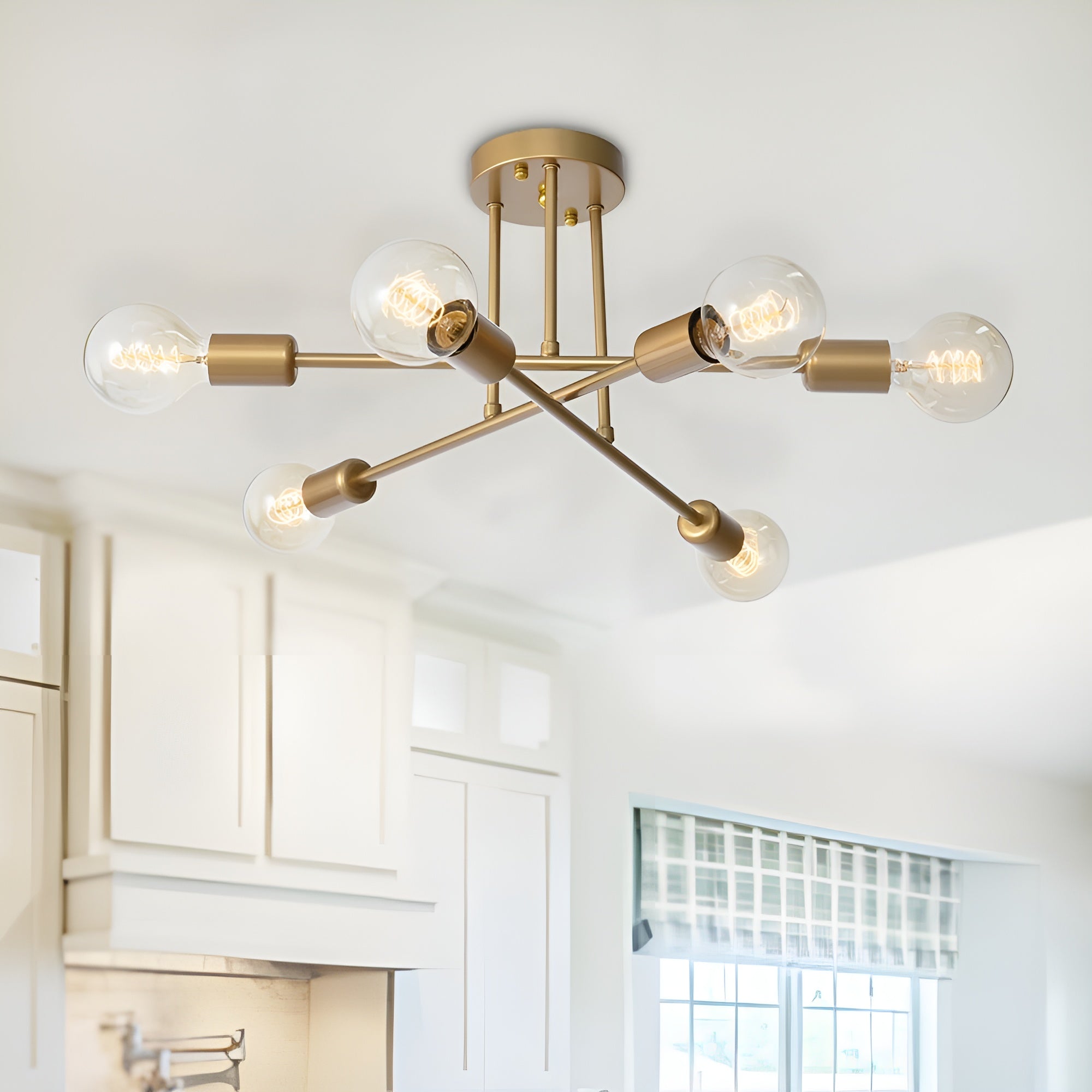 StellarGlow – 6-Light Sputnik Semi Flush Mount Chandelier in Gold for Modern Interiors