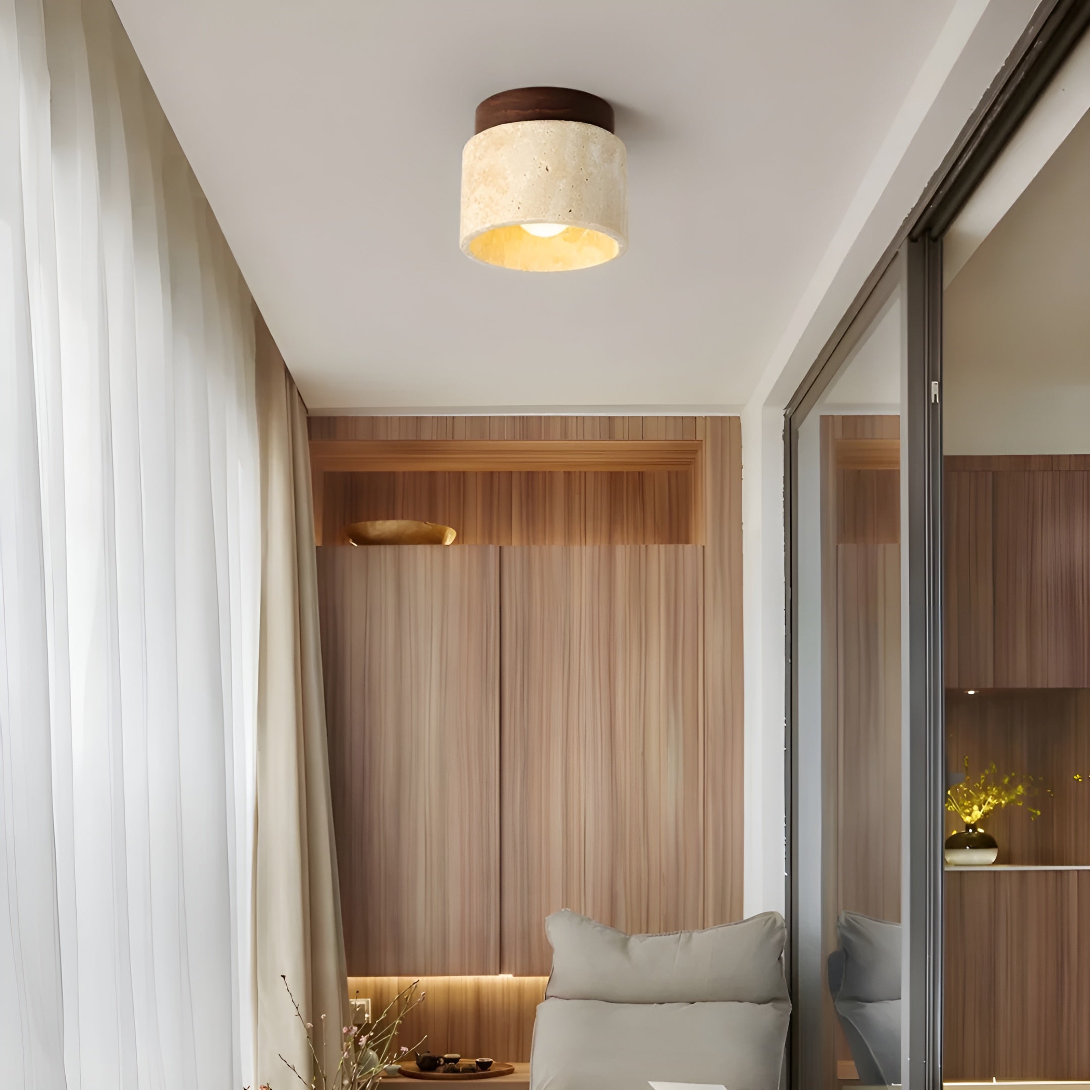Zenolite – Travertine Ceiling Lamp with Wood Accent Warm LED Light for Bedroom or Hallway