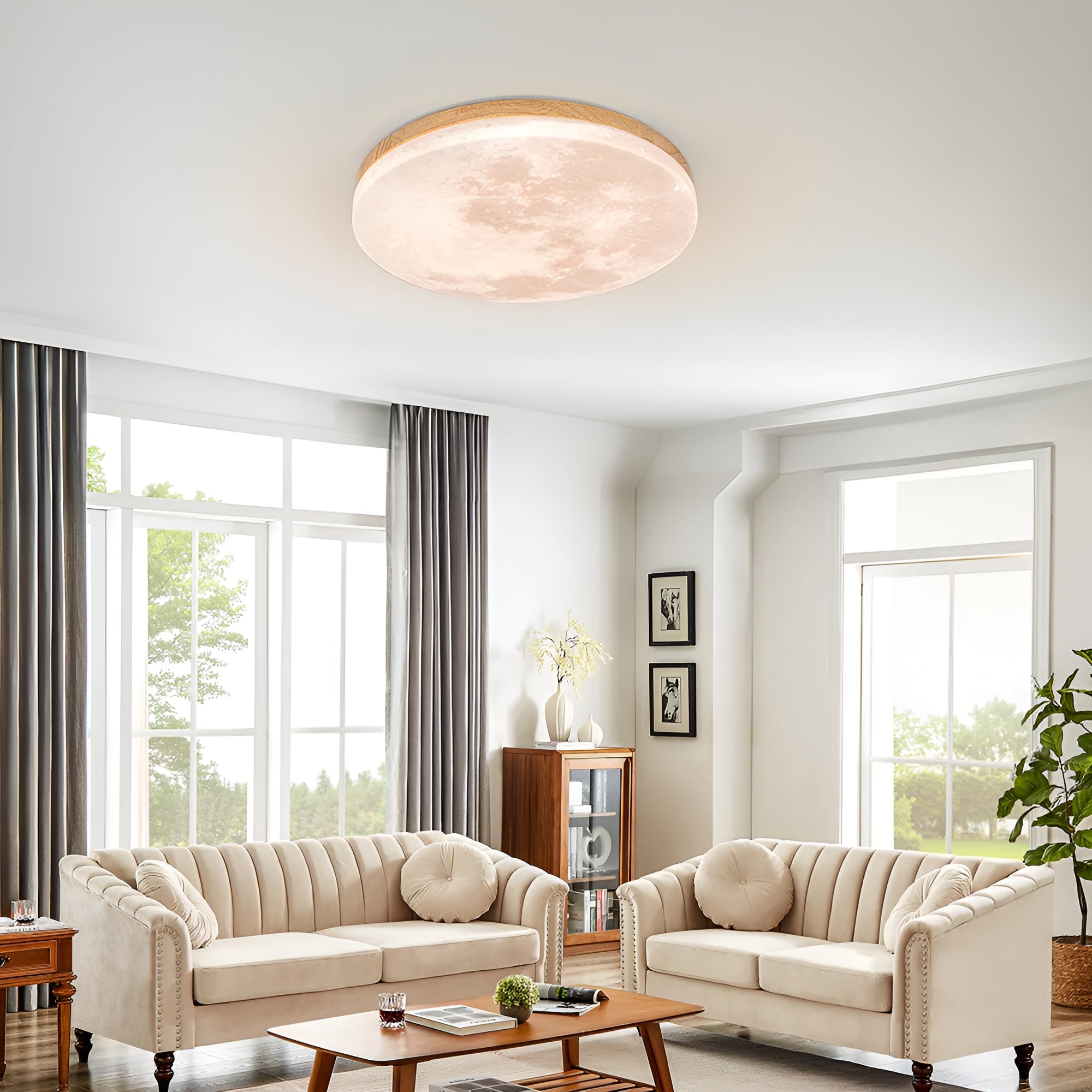 LunaraGlow – Moon LED Ceiling Light Modern Round Flush Mount with Wood Accent for Bedroom or Living Room