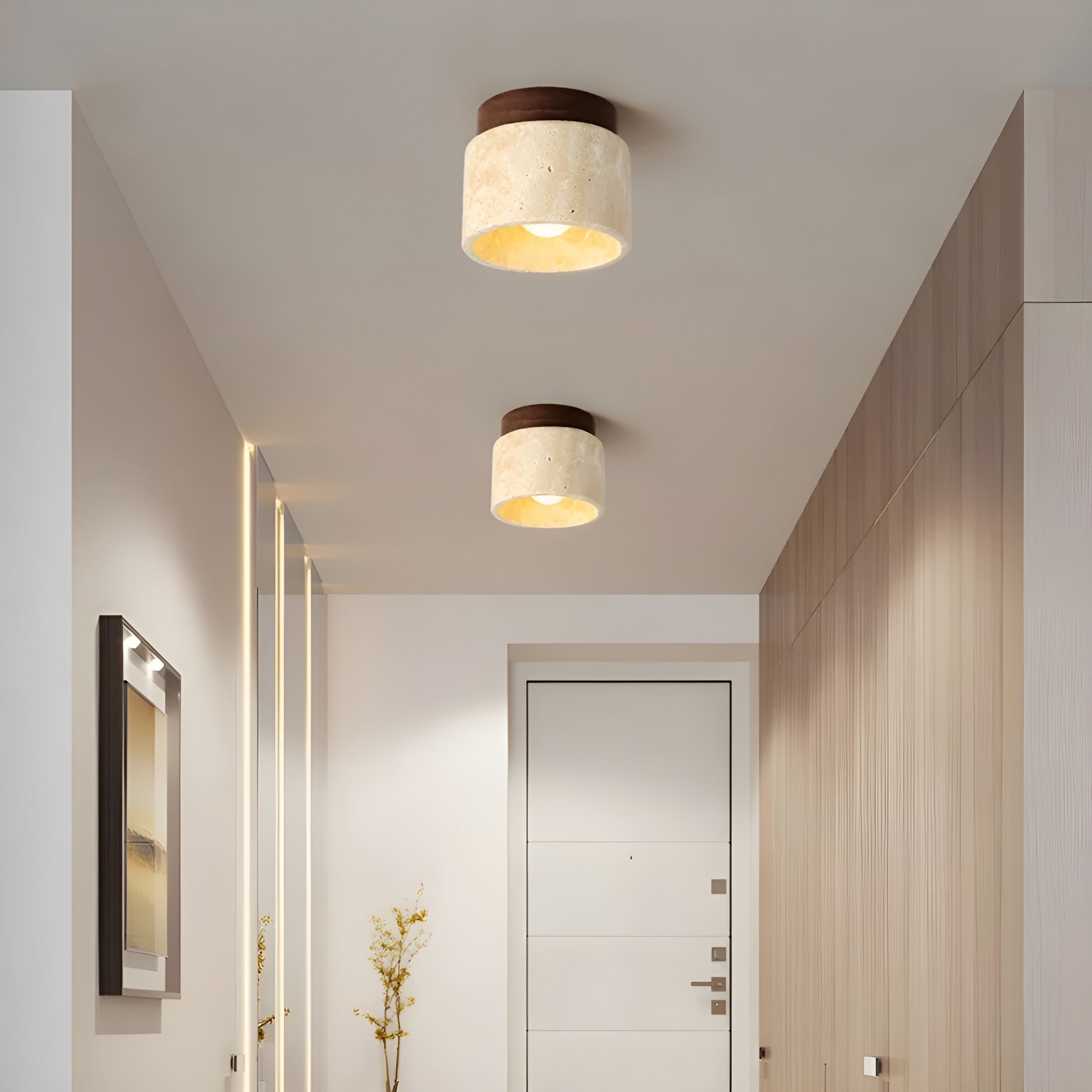 Zenolite – Travertine Ceiling Lamp with Wood Accent Warm LED Light for Bedroom or Hallway