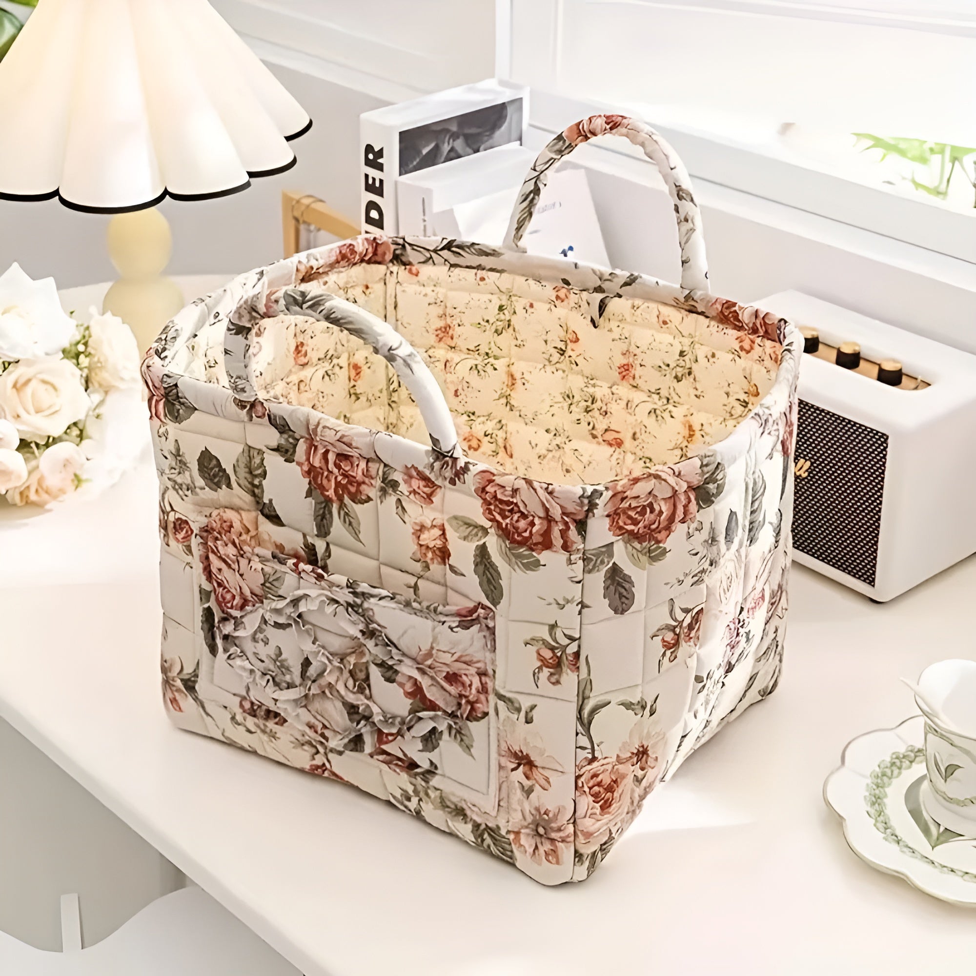 BloomHaven - Floral Canvas Storage Basket Durable and Washable