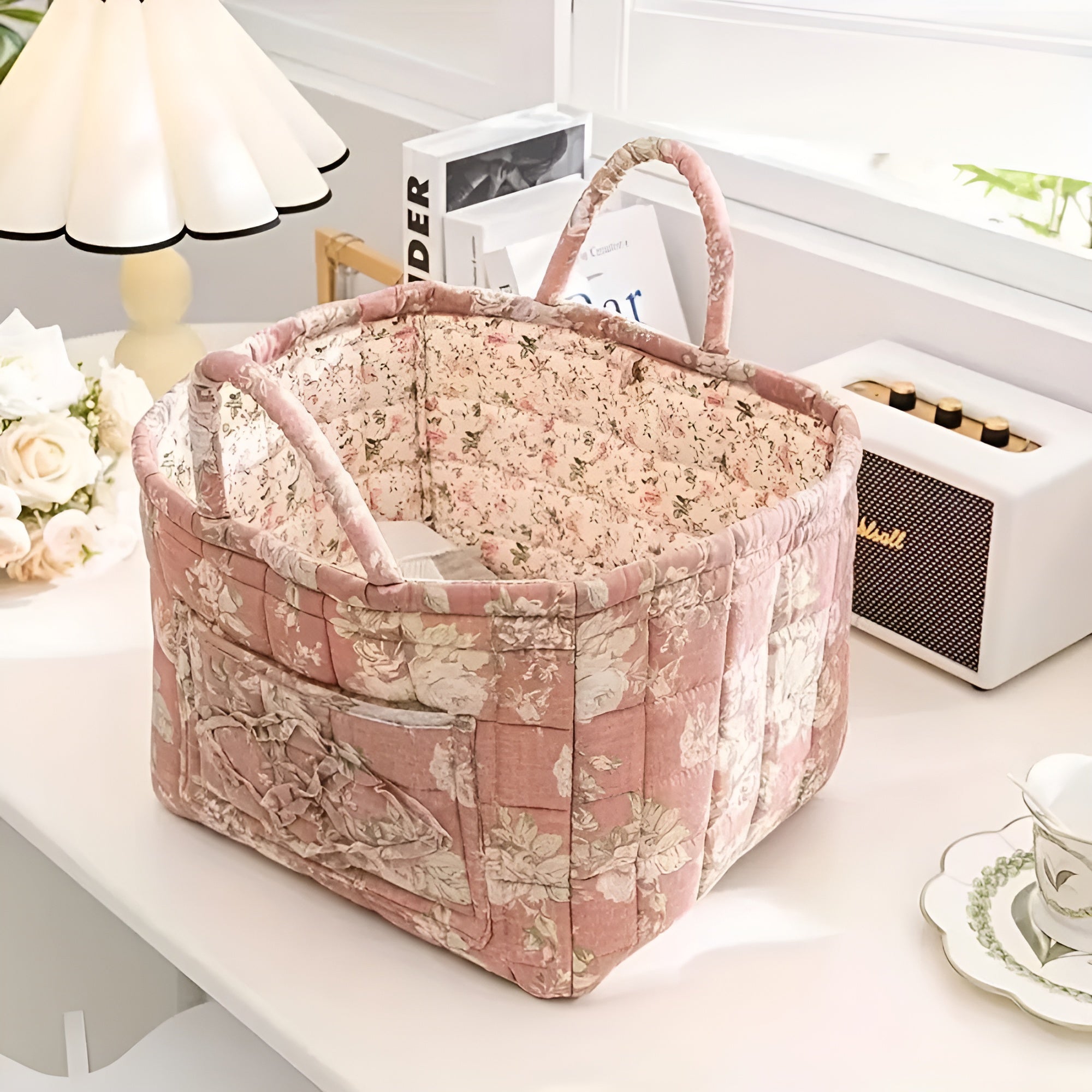 BloomHaven - Floral Canvas Storage Basket Durable and Washable