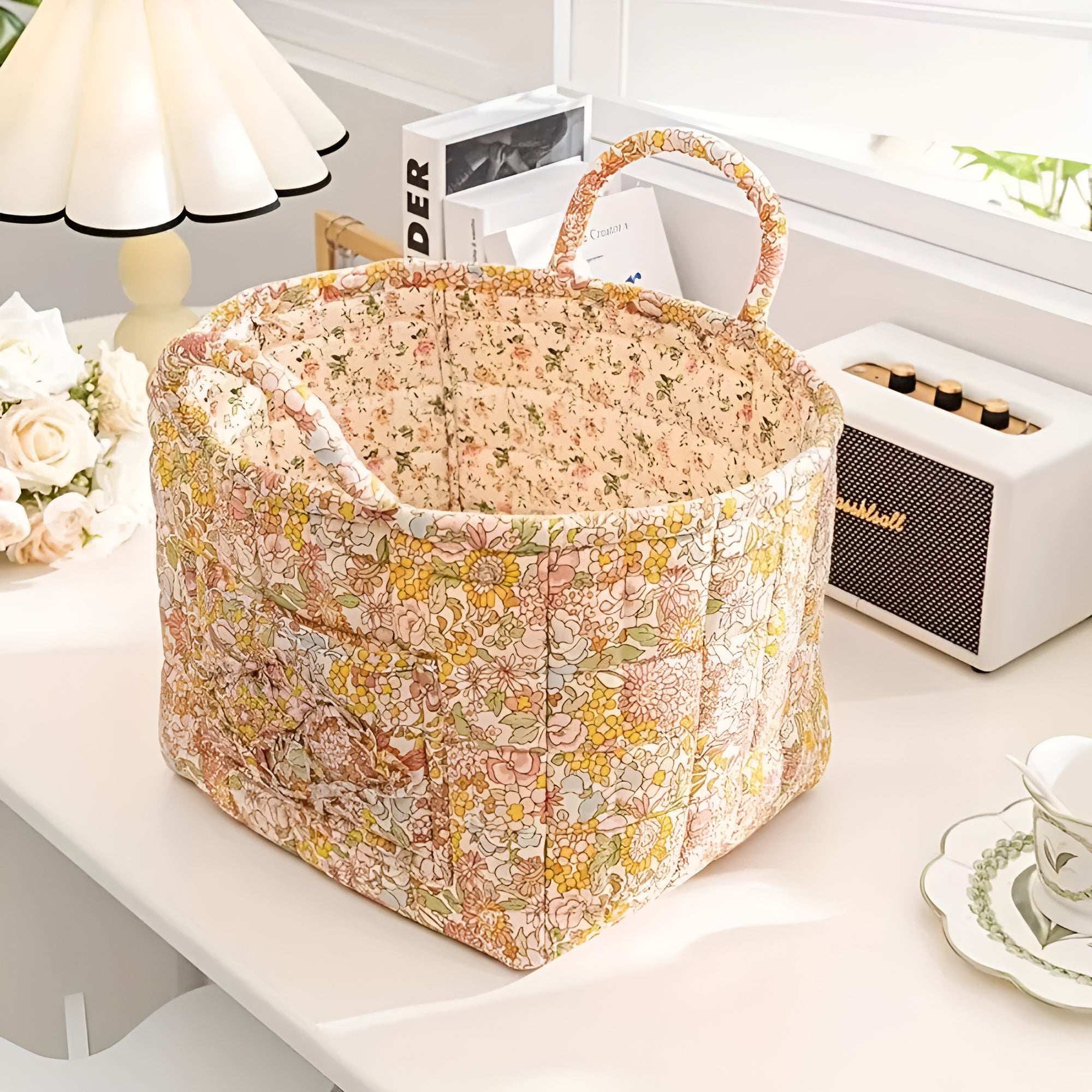 BloomHaven - Floral Canvas Storage Basket Durable and Washable