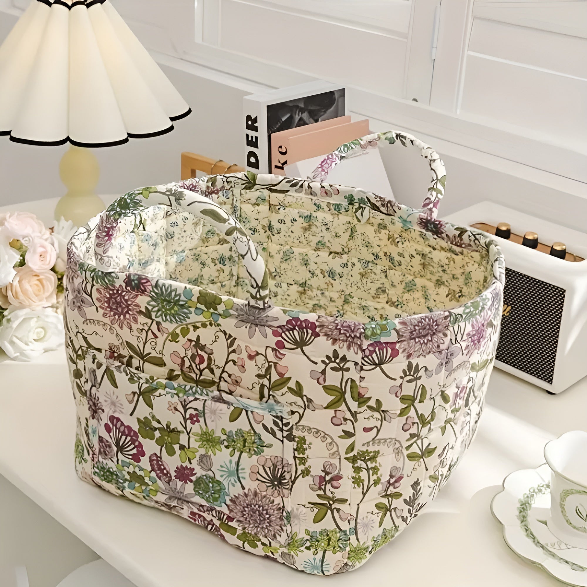 BloomHaven - Floral Canvas Storage Basket Durable and Washable