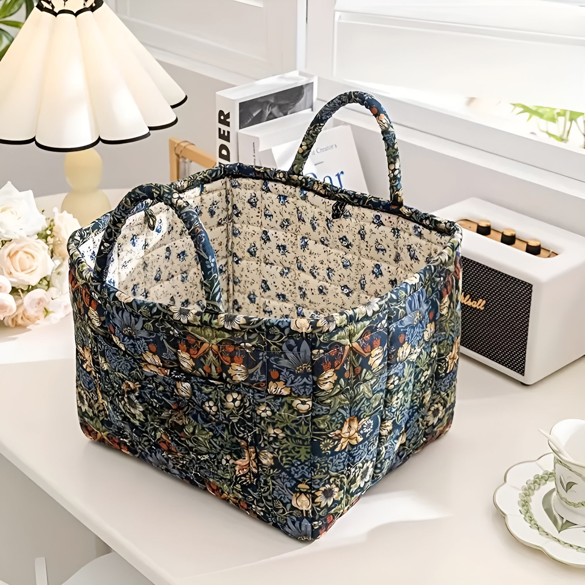 BloomHaven - Floral Canvas Storage Basket Durable and Washable