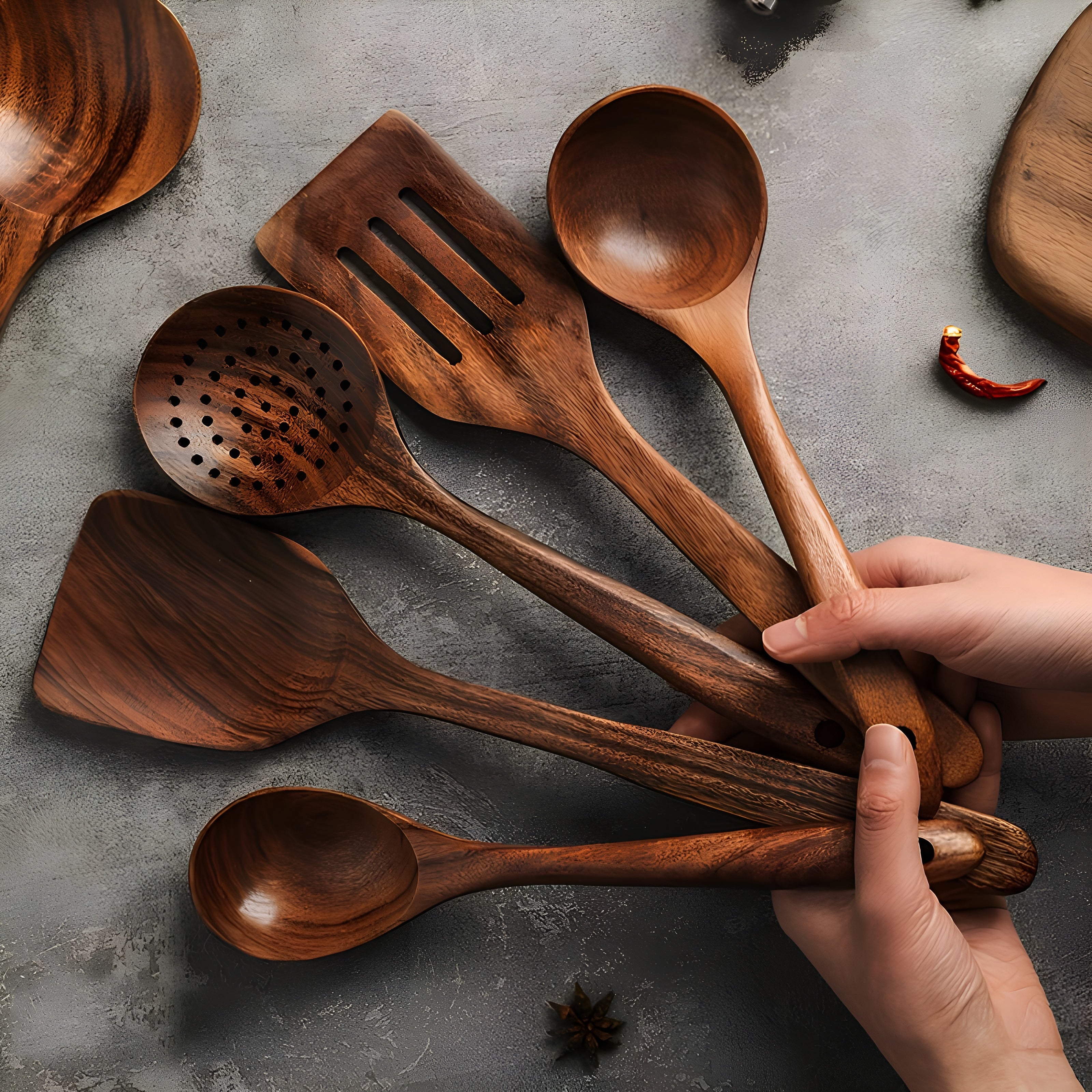 WoodHaven – Teak Kitchen Utensil Set with 6-Piece Natural Wooden Cooking Tools
