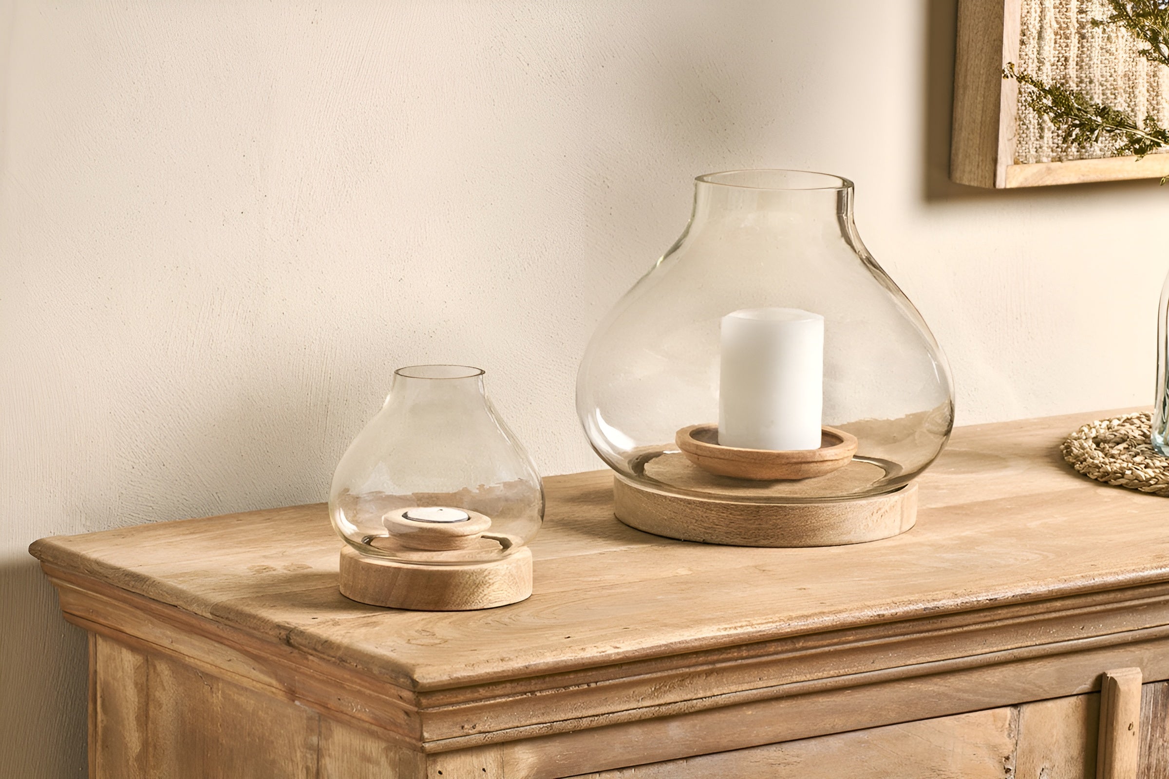 NaturaGlow – Handcrafted Mango Wood and Glass Lantern for Warm Ambiance