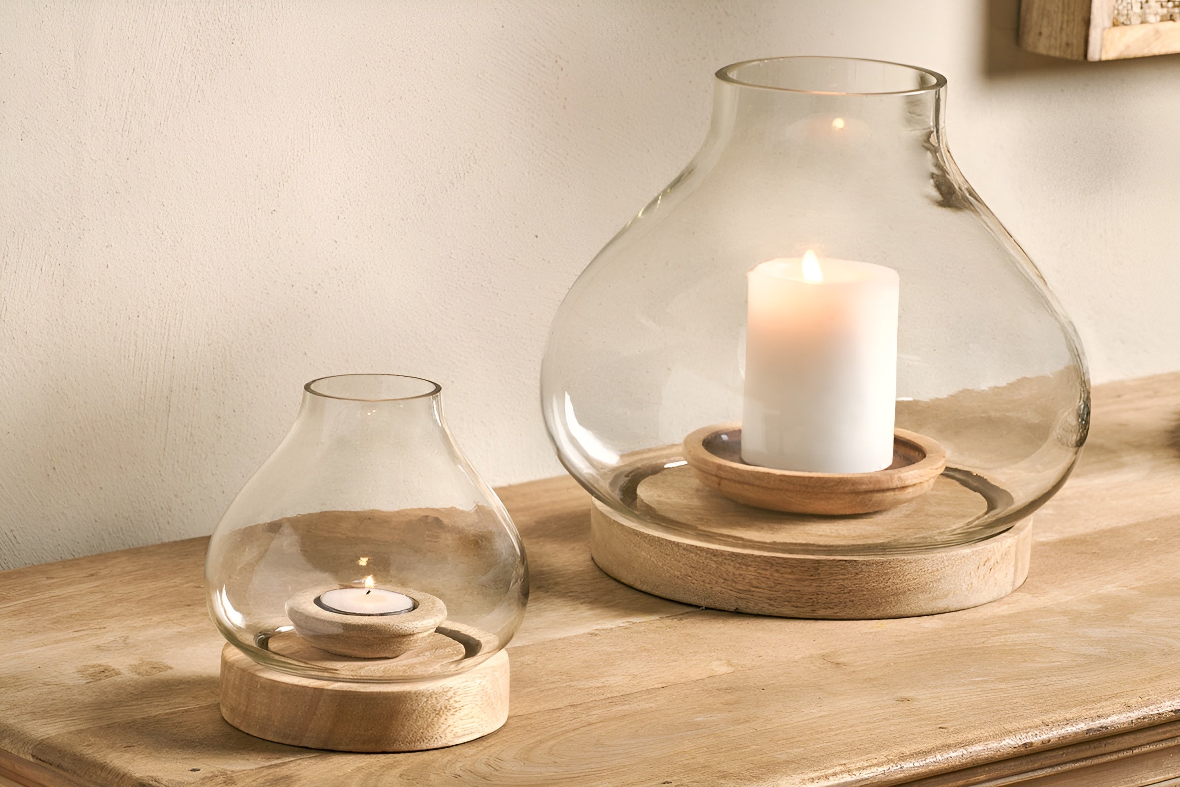 NaturaGlow – Handcrafted Mango Wood and Glass Lantern for Warm Ambiance