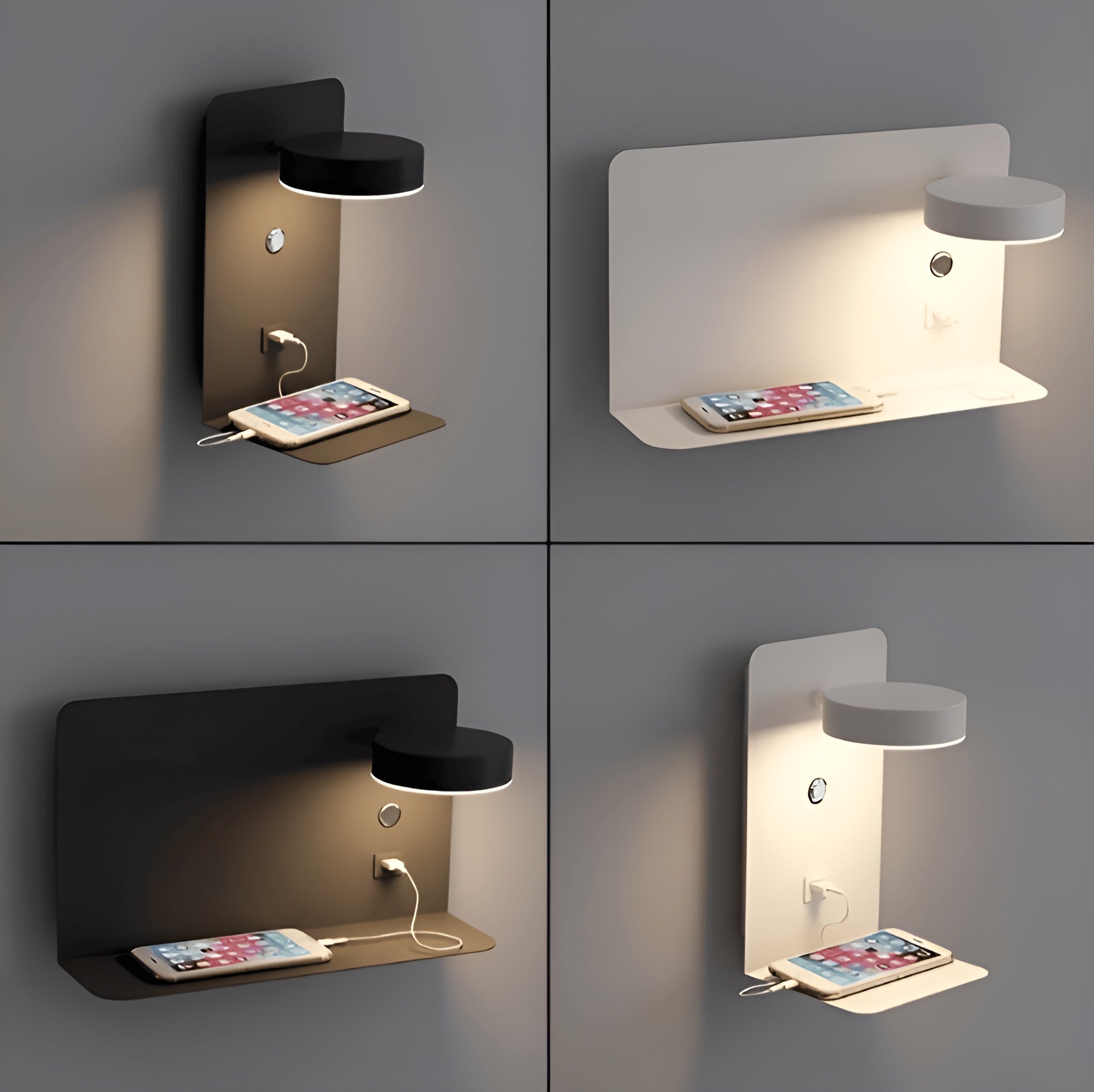 Lunavelle – Aluminum Bedside Wall Lamp with USB Charging and Shelf