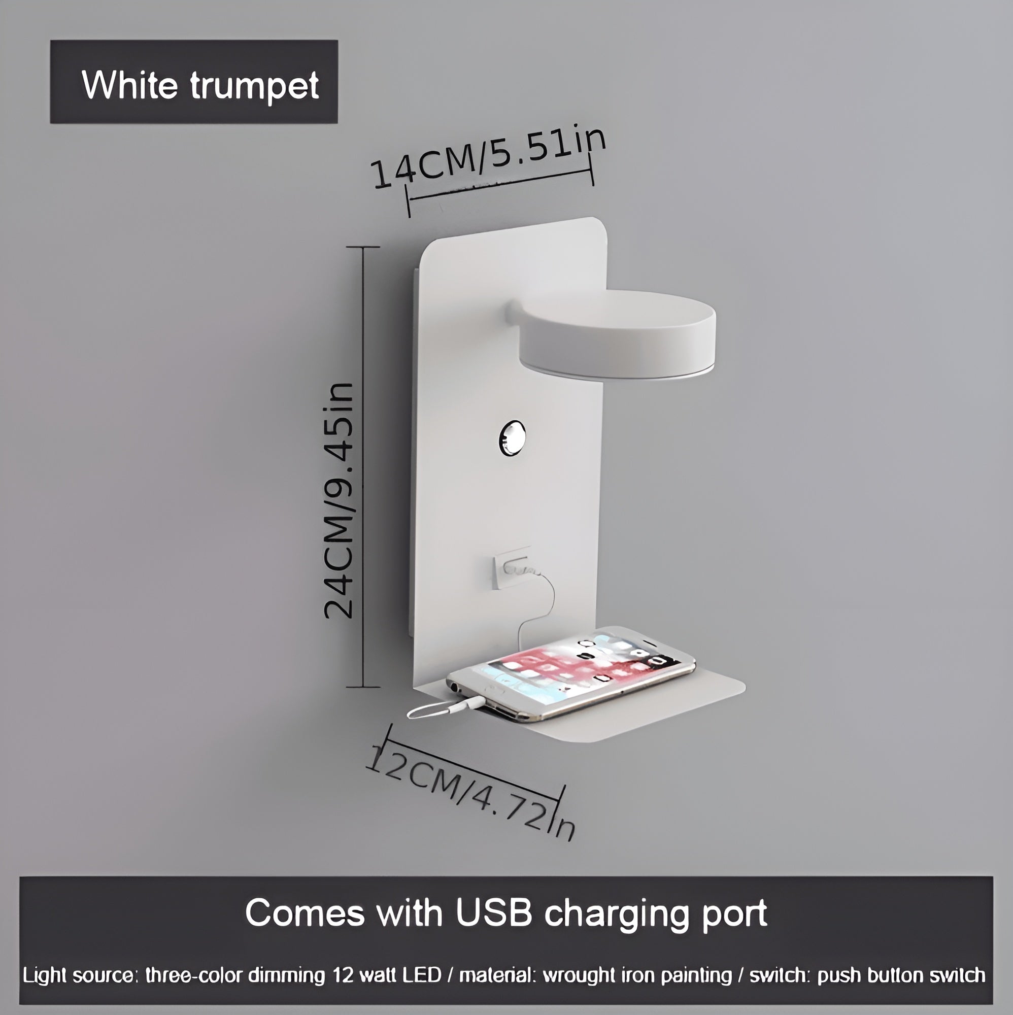 Lunavelle – Aluminum Bedside Wall Lamp with USB Charging and Shelf