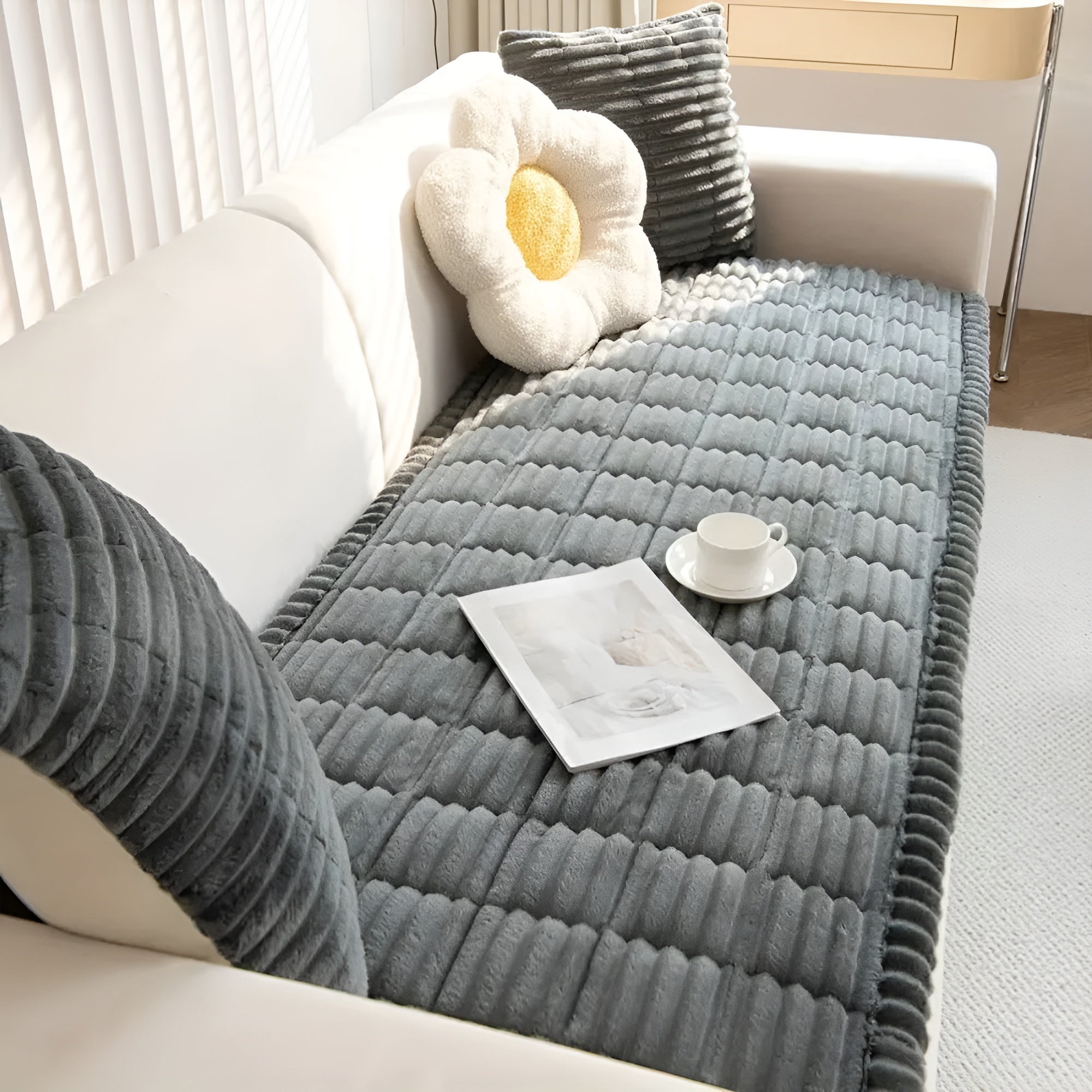 VeluLuxe - Plush Pleated Edges Flannel Sofa Cover