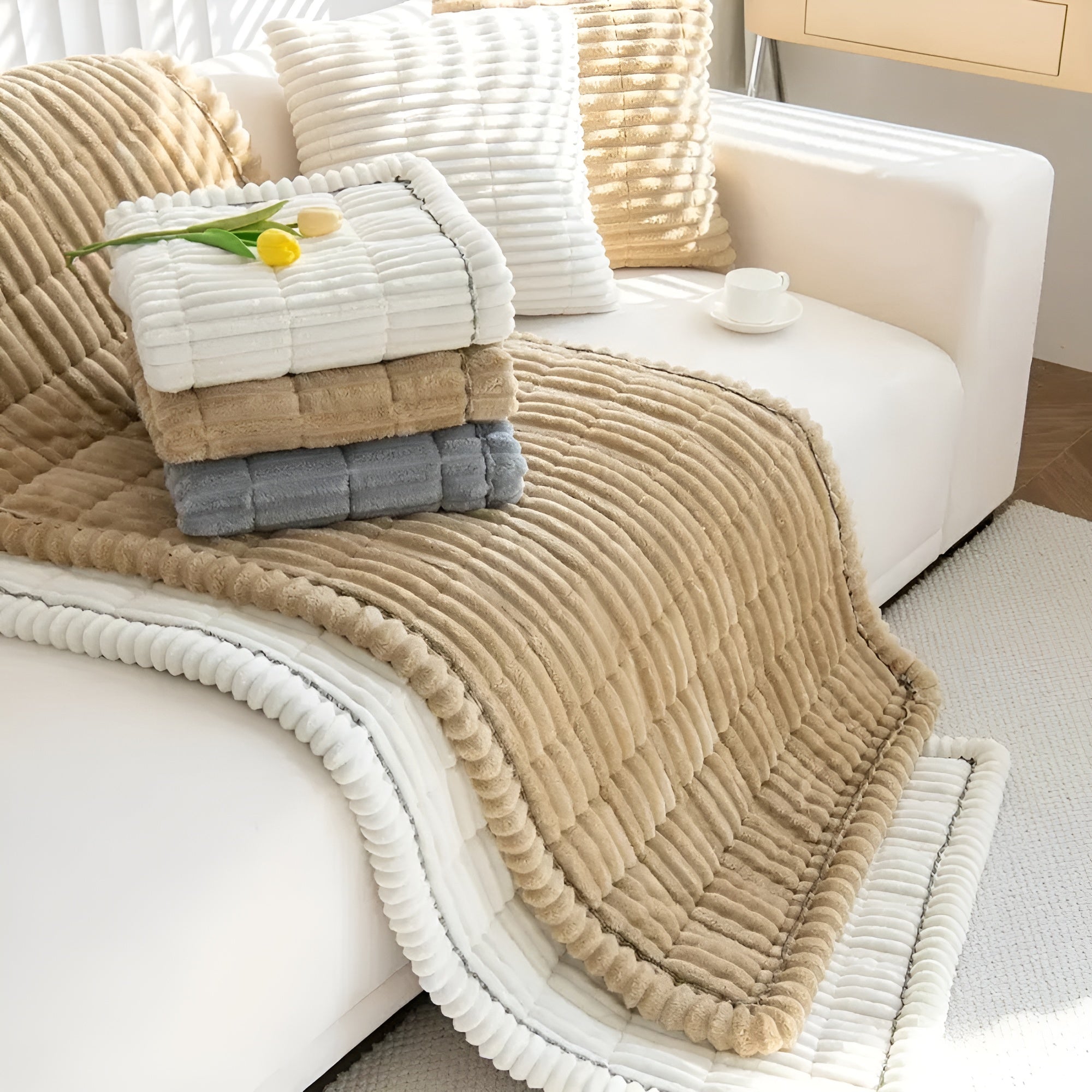 VeluLuxe - Plush Pleated Edges Flannel Sofa Cover