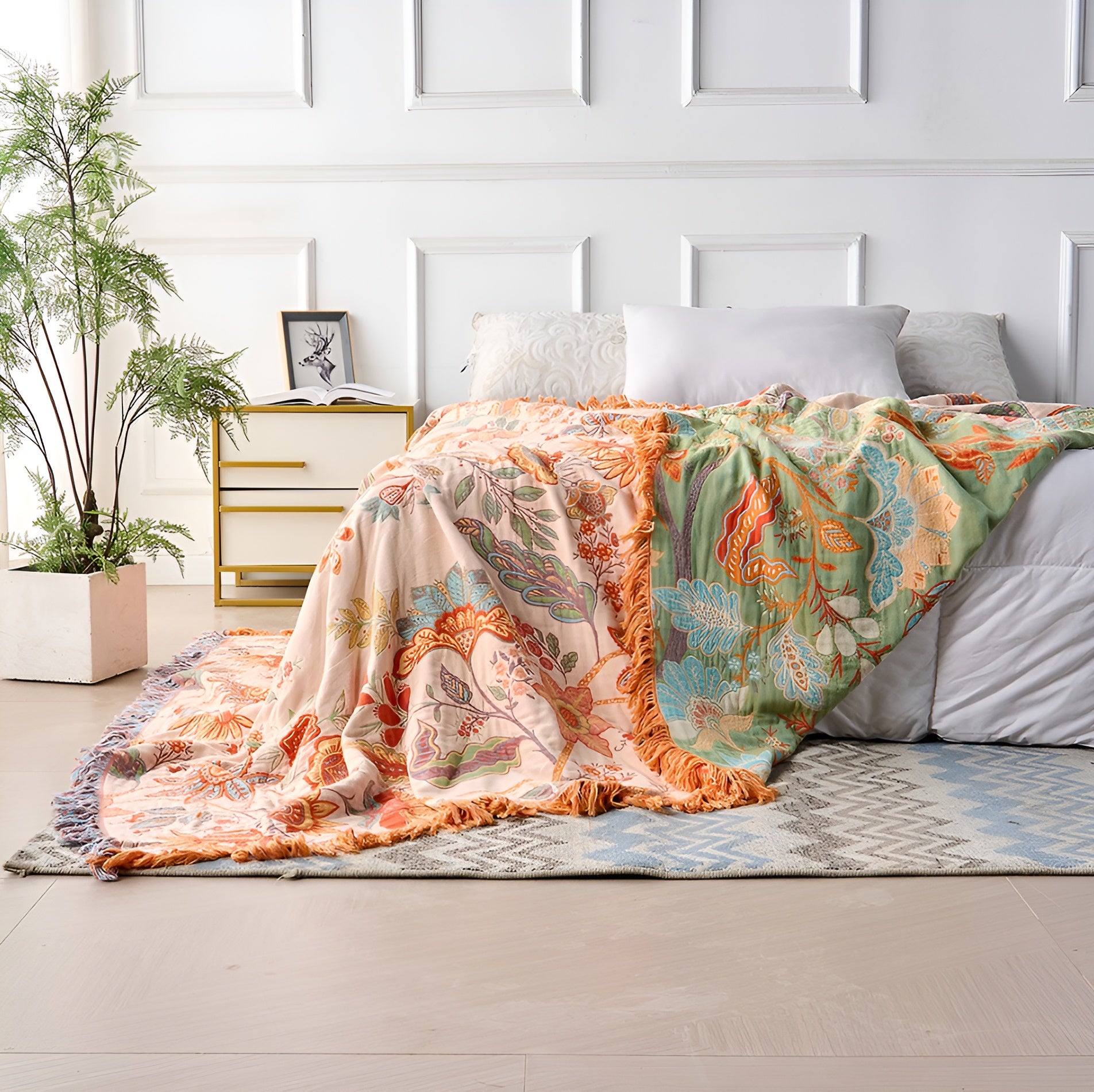 BohoBloom - Cotton Floral Boho Blanket with Fringe Edges