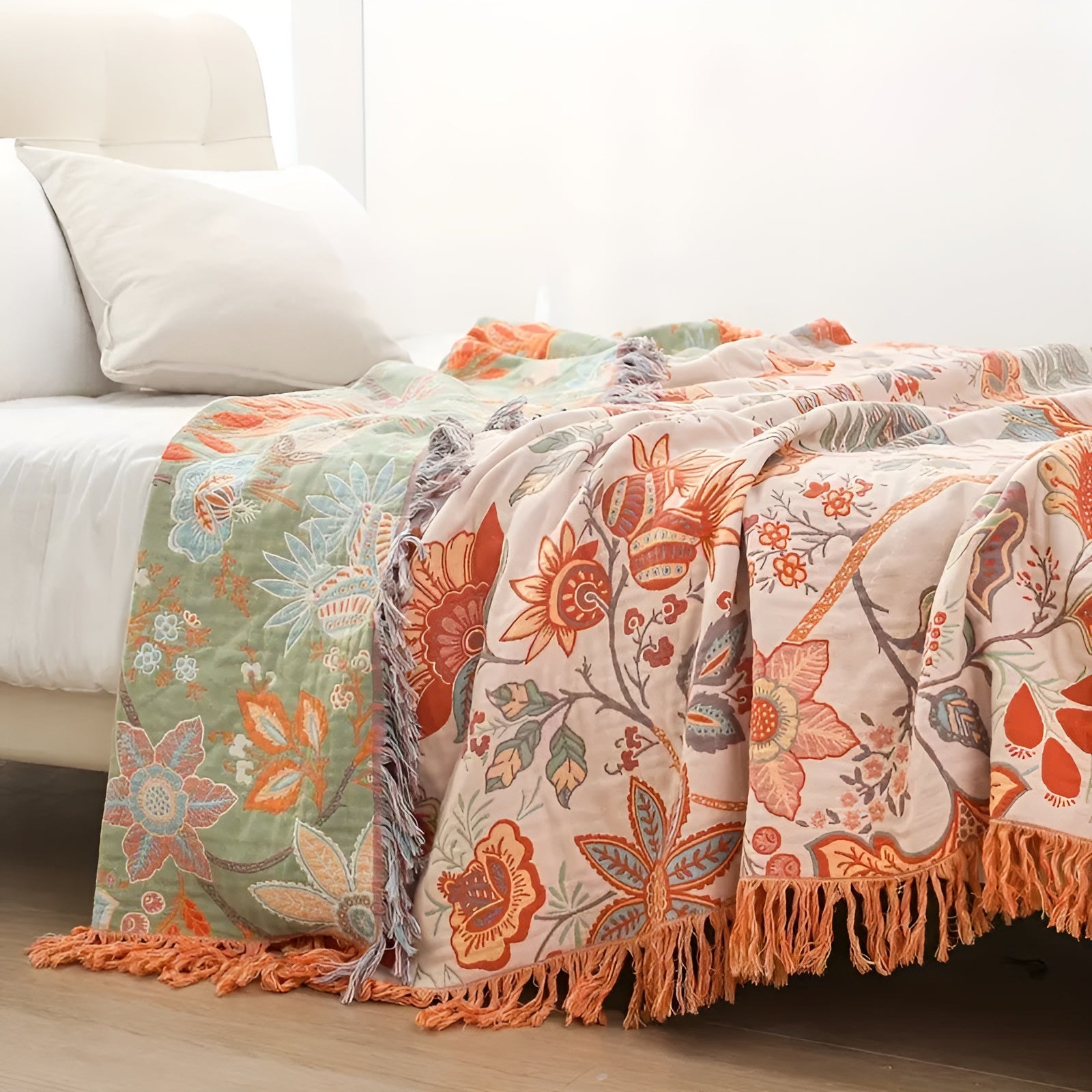 BohoBloom - Cotton Floral Boho Blanket with Fringe Edges