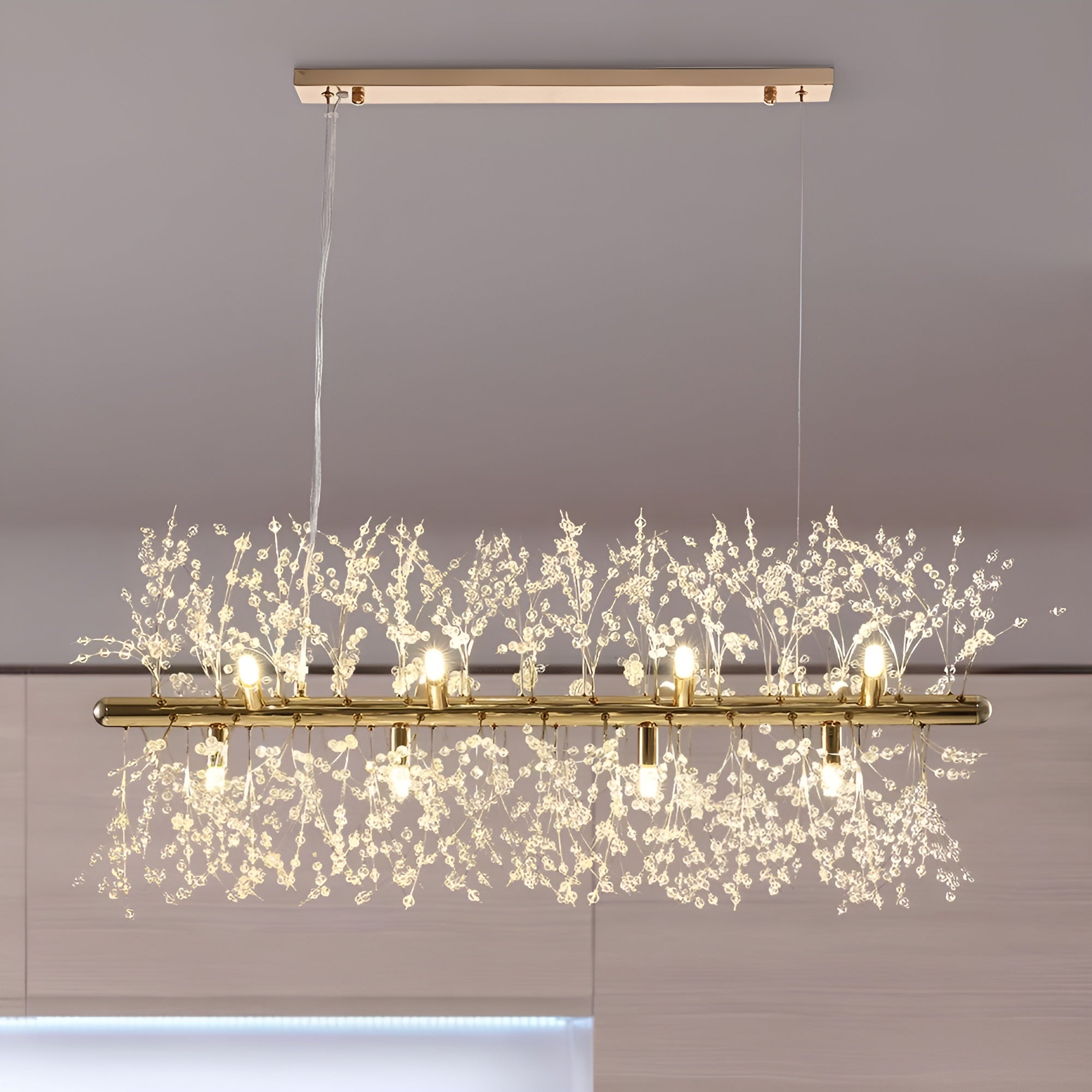 LustraBloom – Modern 12-Light Crystal Linear Chandelier for Dining & Living Spaces