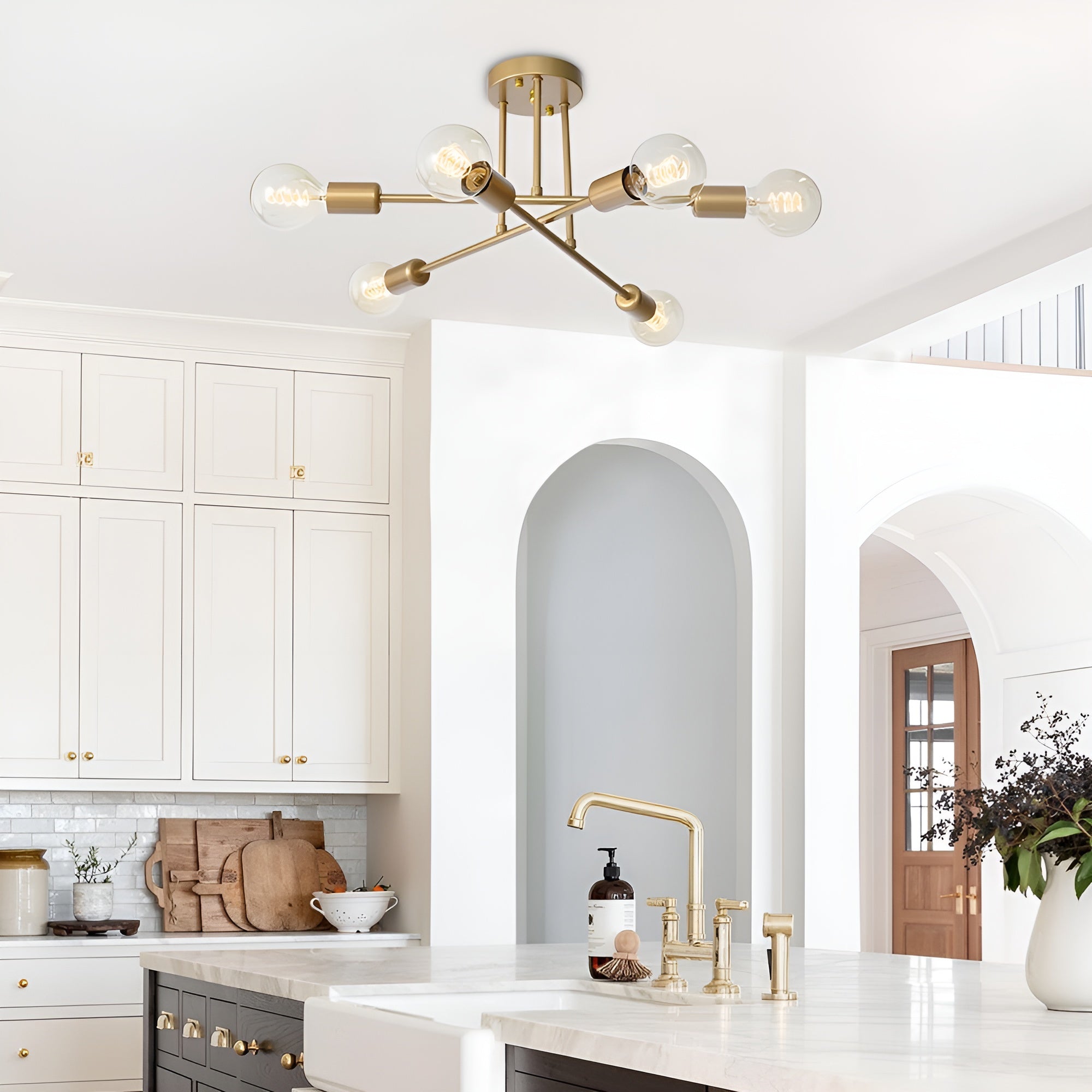 StellarGlow – 6-Light Sputnik Semi Flush Mount Chandelier in Gold for Modern Interiors