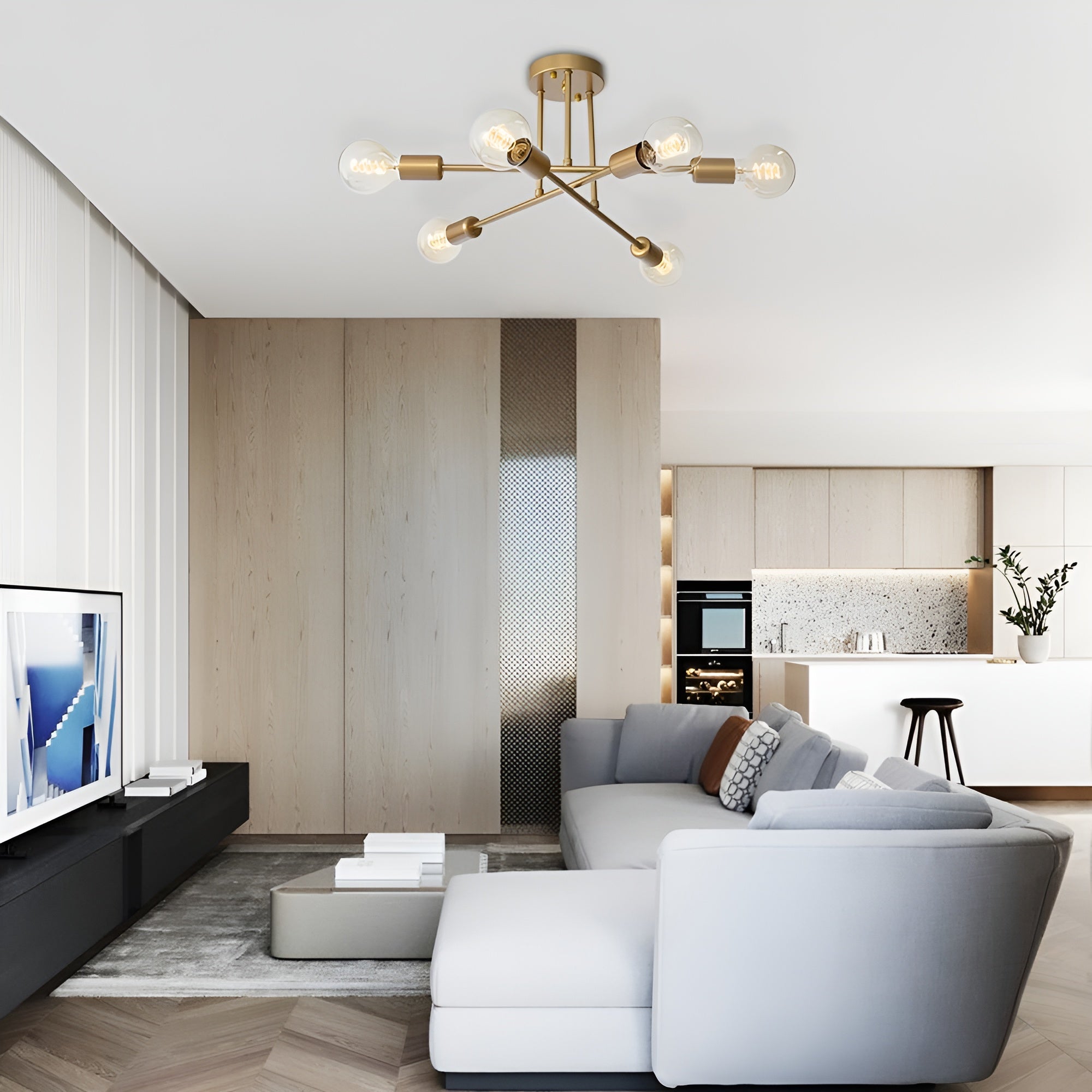 StellarGlow – 6-Light Sputnik Semi Flush Mount Chandelier in Gold for Modern Interiors