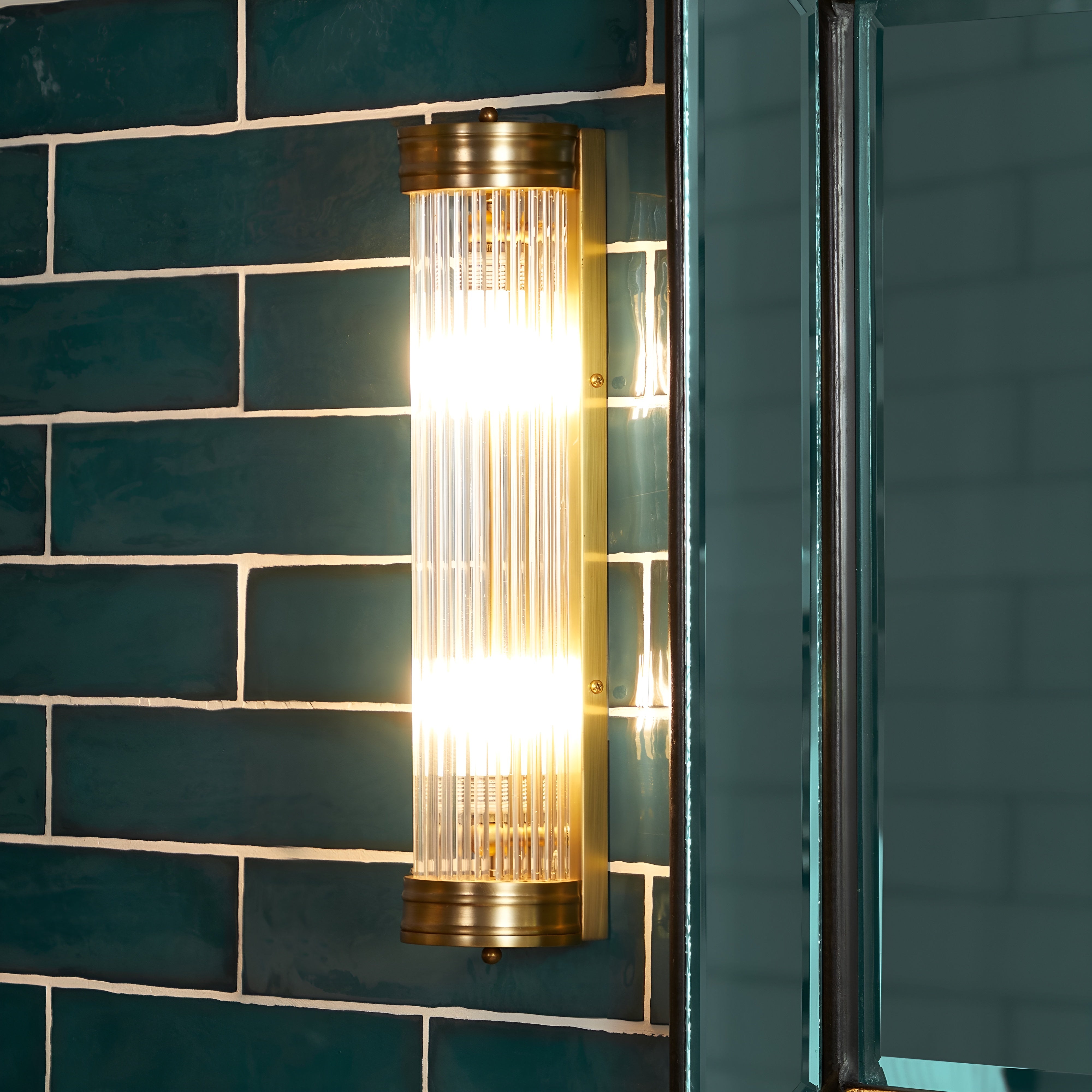AuroraLume - Art Deco Brass Wall Light with Glass Rods IP44 Rated